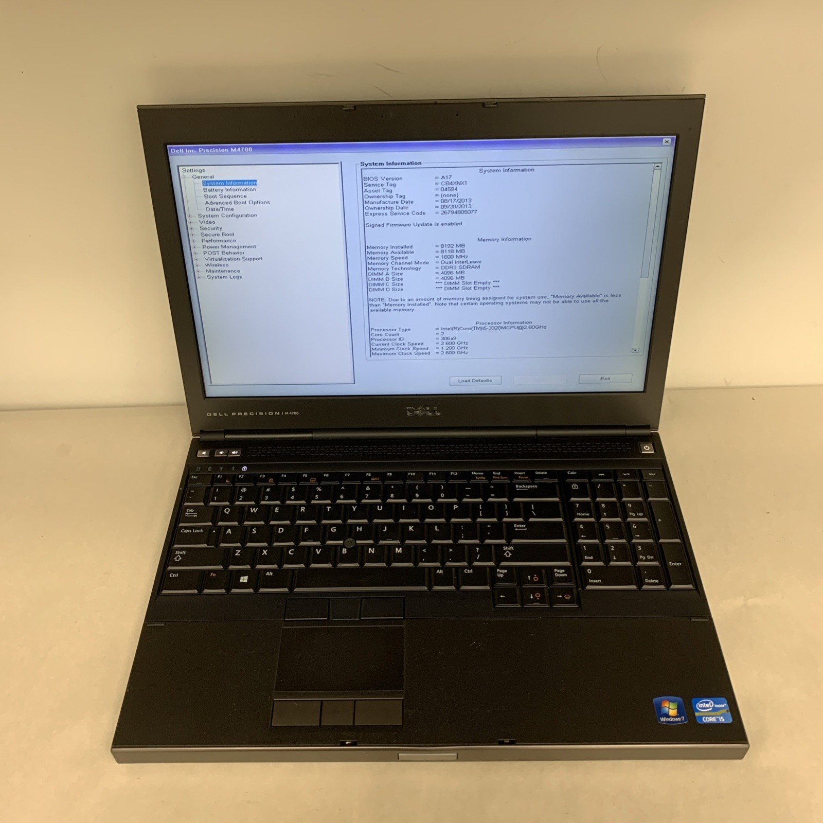 Dell Precision M4700 i5-3320M 8GB RAM NO SSD | Boot To Bios