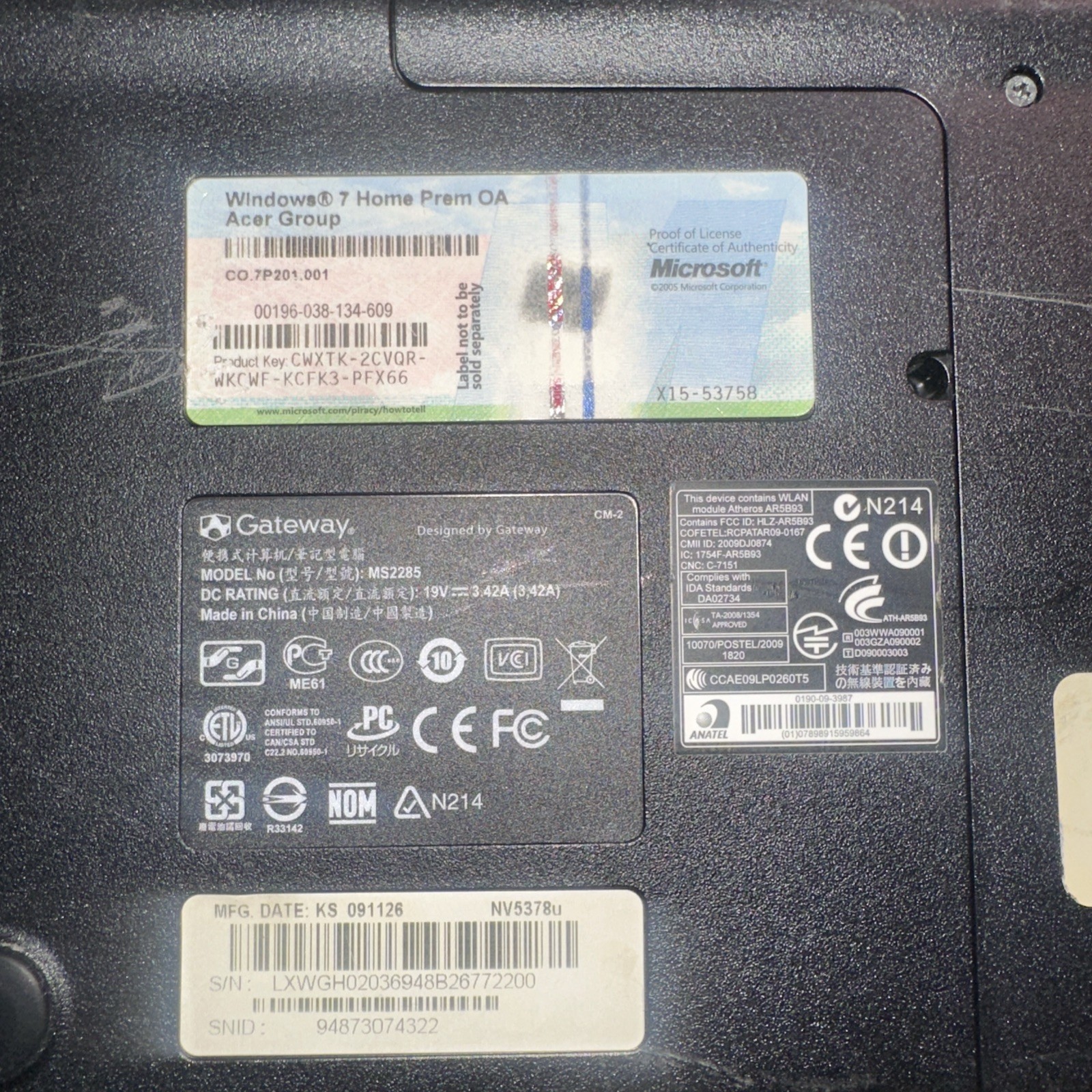 Gateway NV53A52U AMD Athlon II M300 2400MHz 4 GB Untested For Part Or Repair