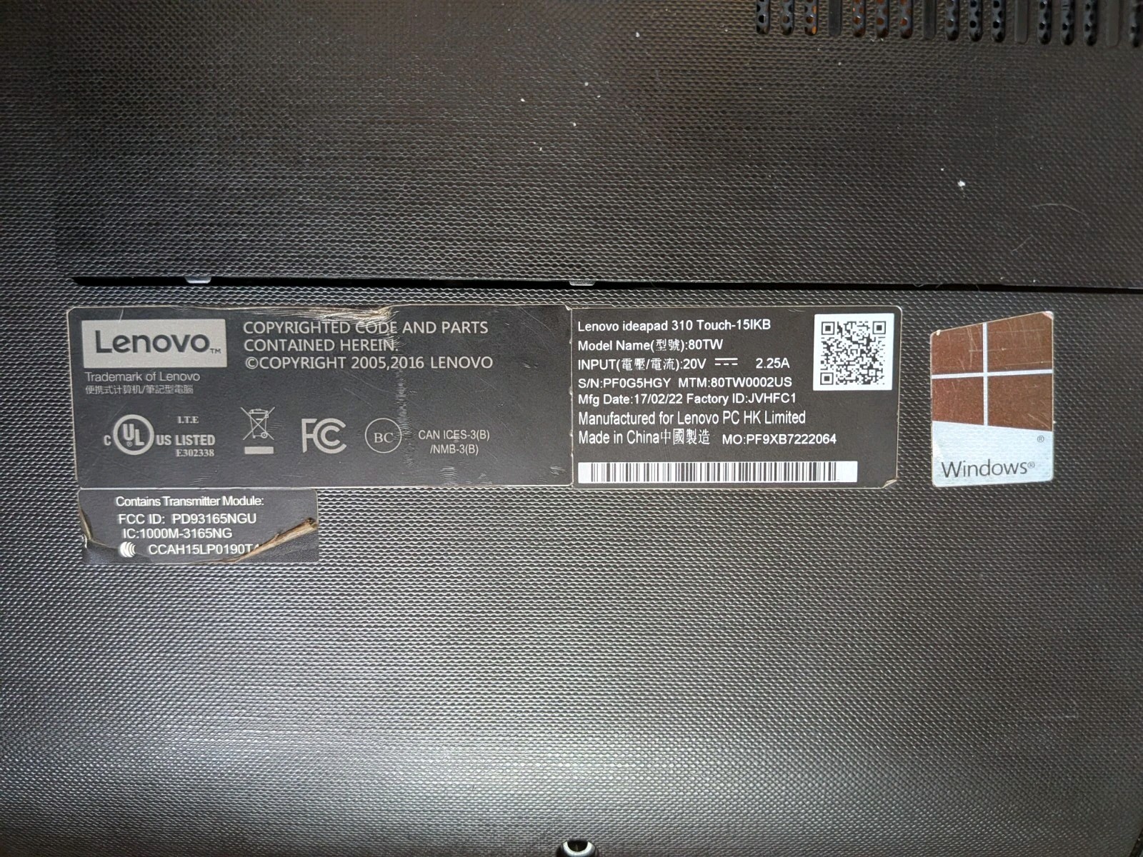 Lenovo Ideapad 310 Touch-15IKB 15.6 Laptop i5-7200U 12GB Ram NO OS DAMAGED FRAME
