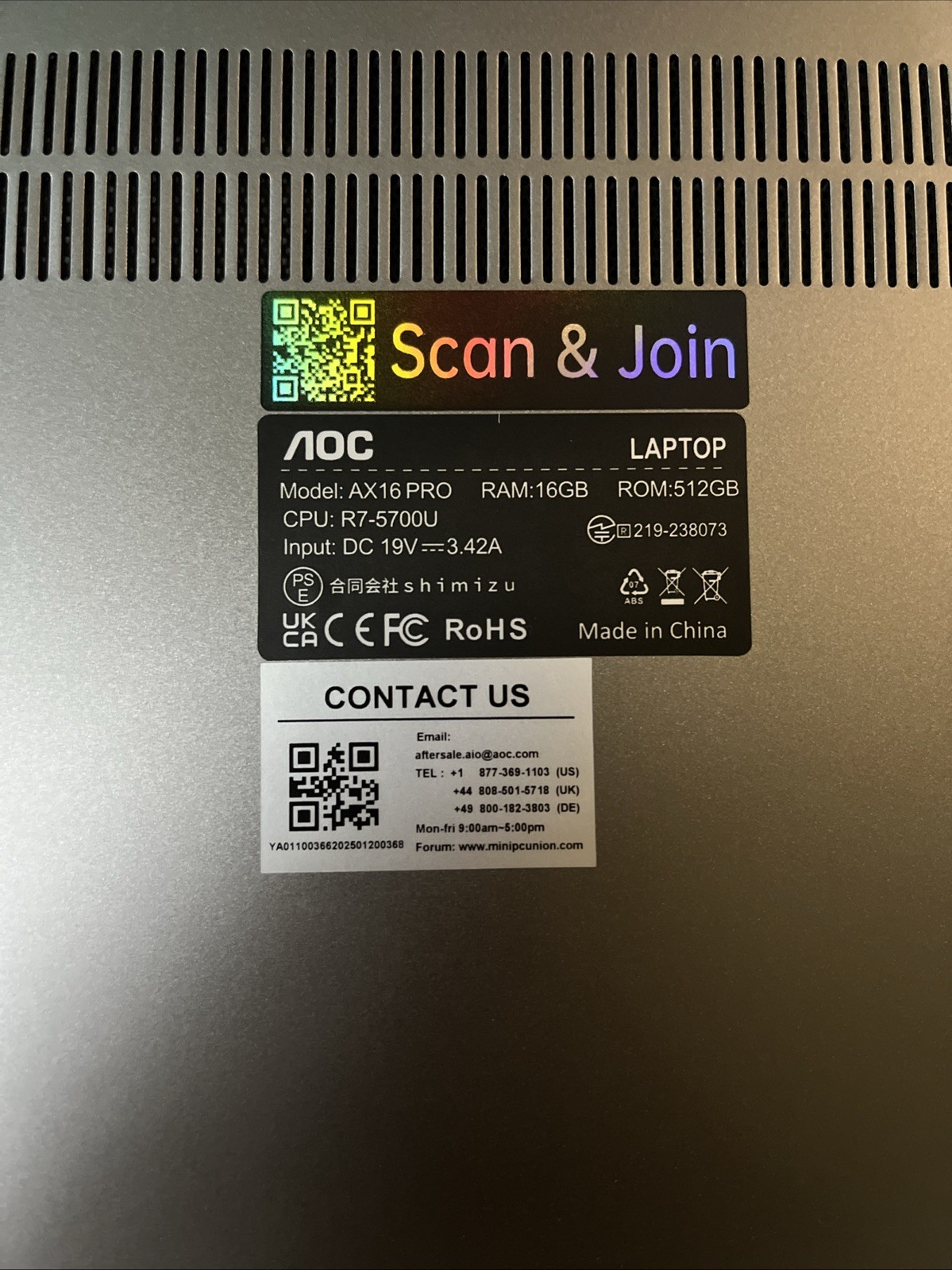 AOC AX16 PRO Laptop – Ryzen 7 5700U, 16GB RAM, 512GB SSD, 16” FHD, Win11