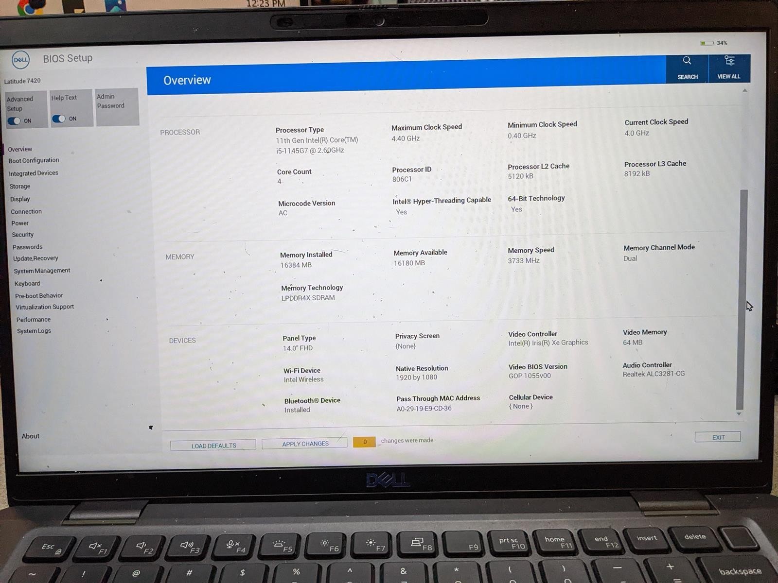 DELL LATITUDE 7420 i5-1145G7 @ 2.60GHz, 16GB RAM, NO HDD/OS – (FOR PARTS)