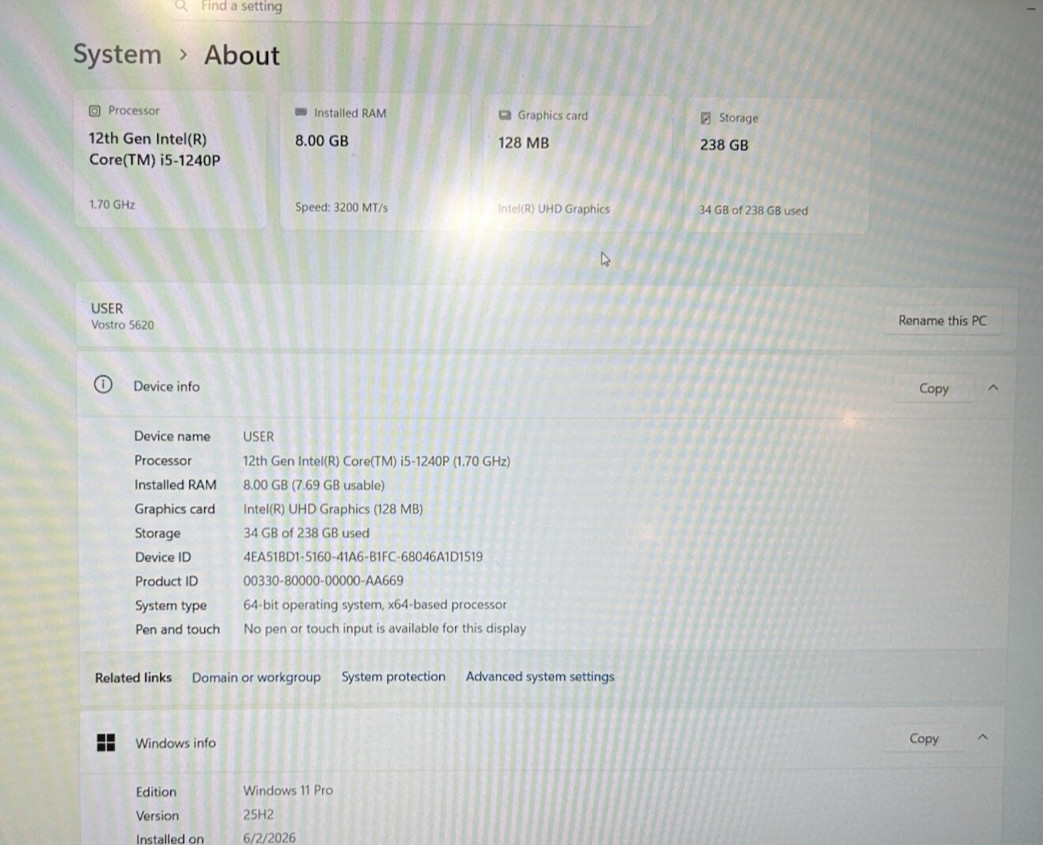 LOT OF 4 Dell Vostro 5620 16″ Laptop Core i5-1240P – 8GB RAM – 256GB NVMe – W11P