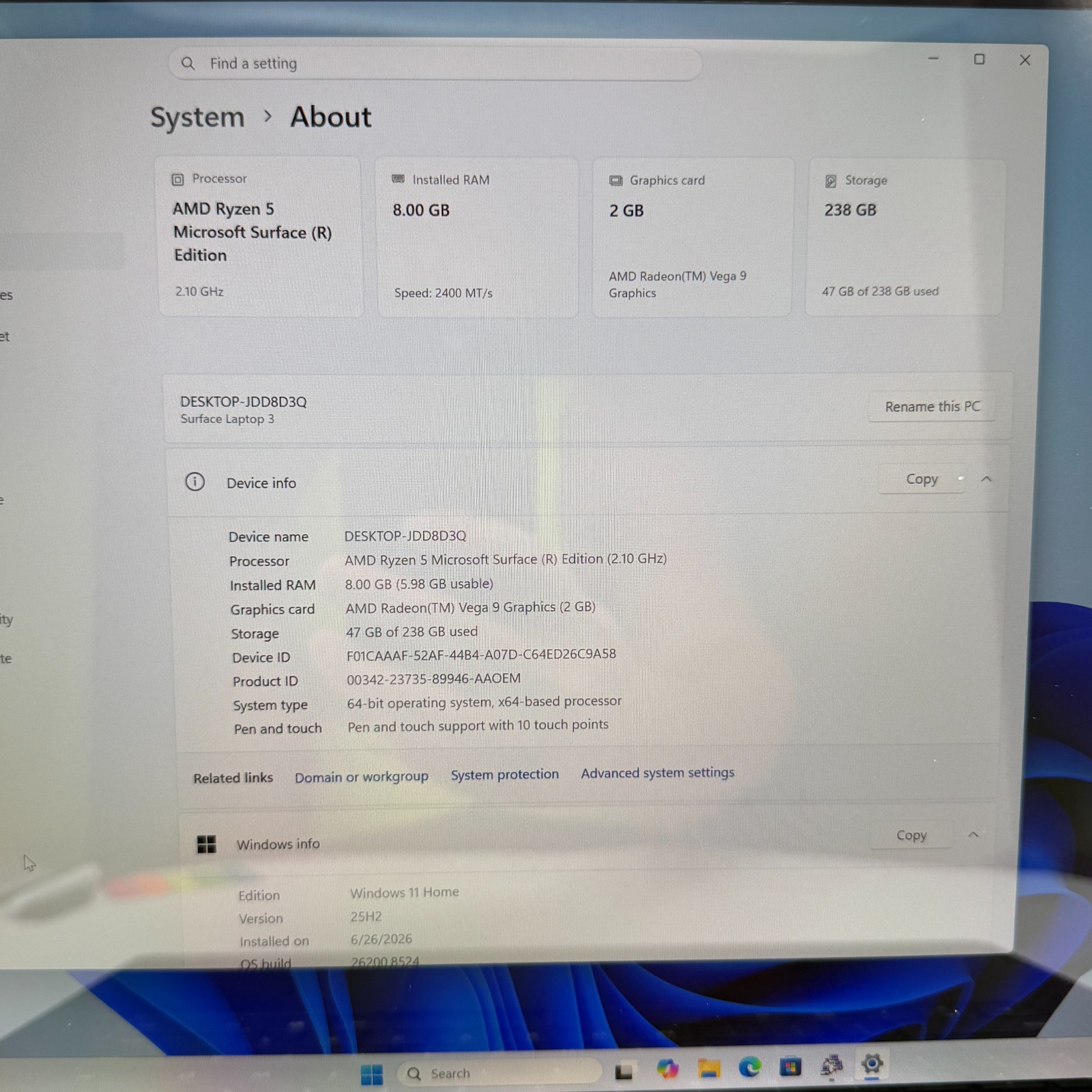 Microsoft Surface Laptop 3 1873 15″ Ryzen 5 Edition 2.1GHz 8GB RAM 256GB SSD Blk
