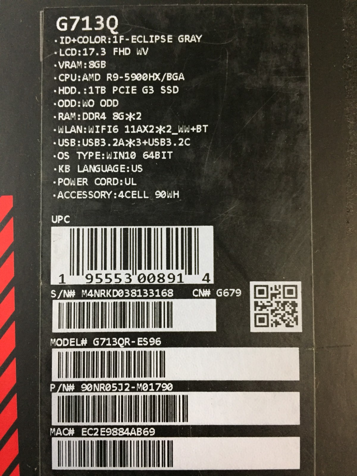 Asus Rog Strix G17 G713QR-ES96 17.3 Gaming Laptop/AMD R9 5900HX/RTX 3070/16G/1TB