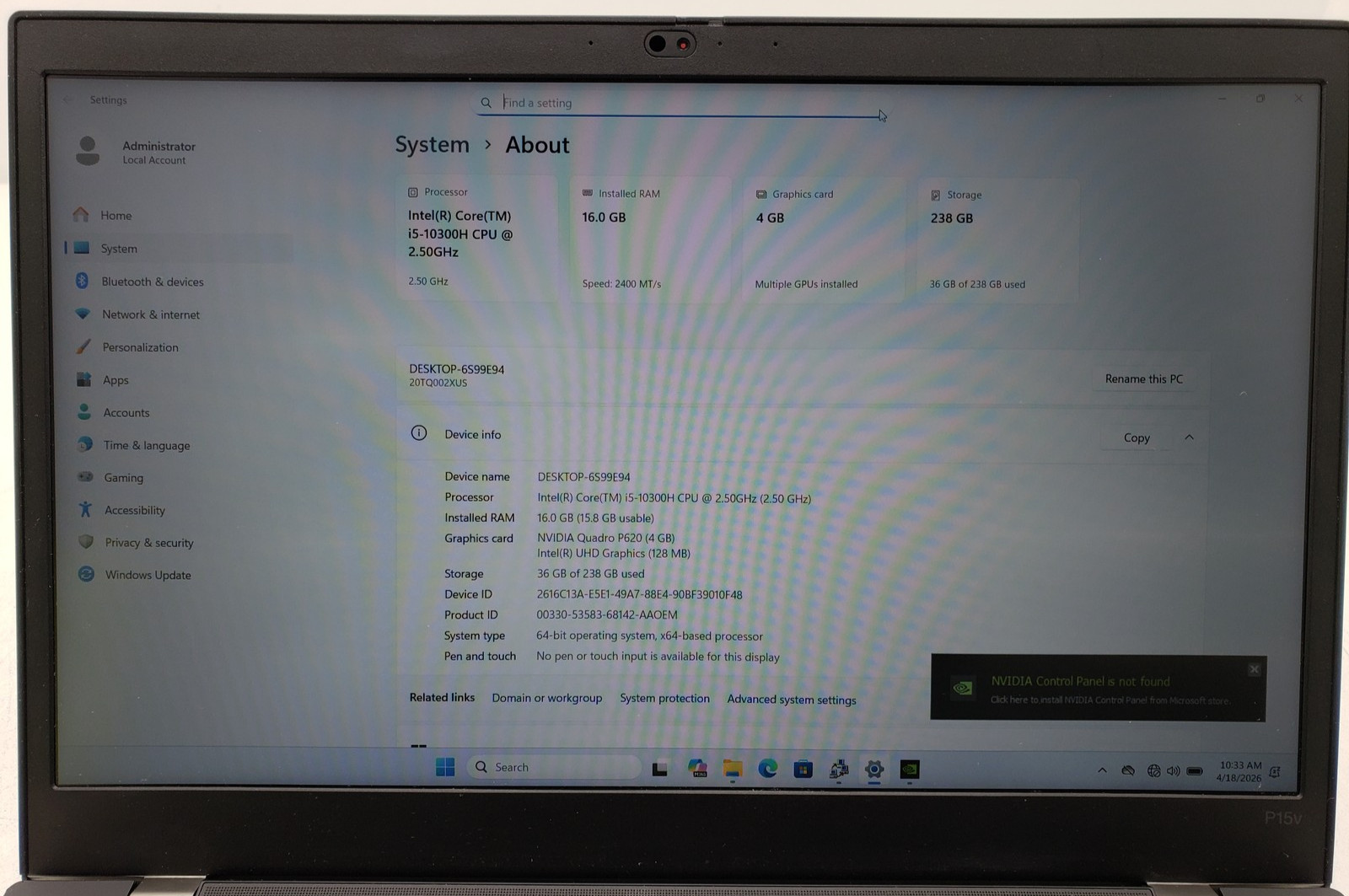 Lenovo ThinkPad P15v Gen 1 Laptop, i5-10th 16GB 256GB SSD Nvidia P620 Win 11 Pro