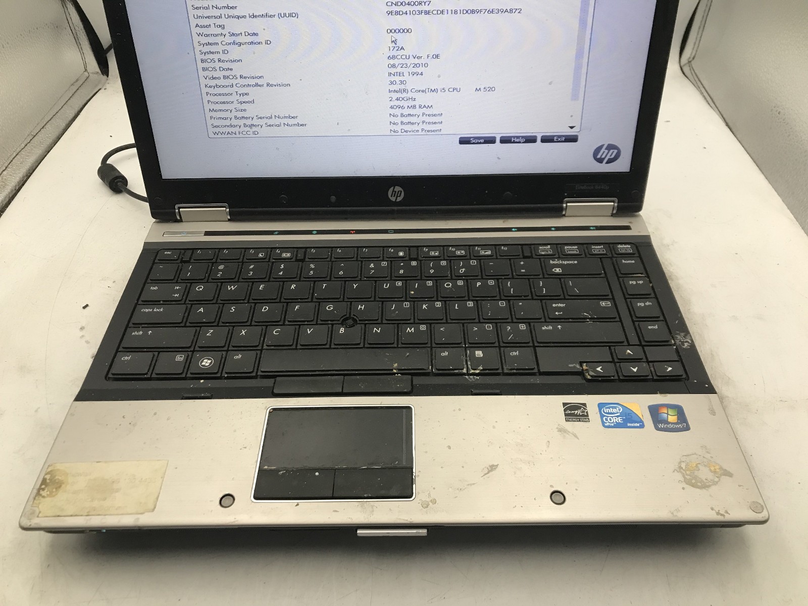 HP ELITEBOOK 8440P – BOOTS TO BIOS – INTEL I5 M520 – NO RAM – 14″ – READ – BB !!