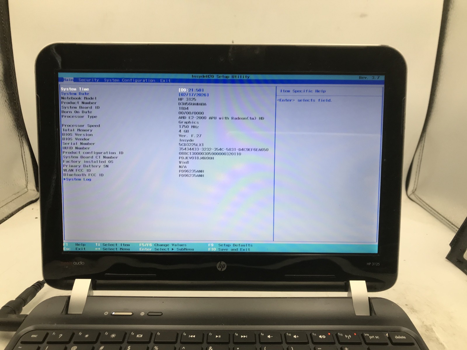 HP 3125 LAPTOP – BOOTS TO BIOS – AMD E2 2000 – NO RAM – 12″ -READ DESCRIPTION-BB