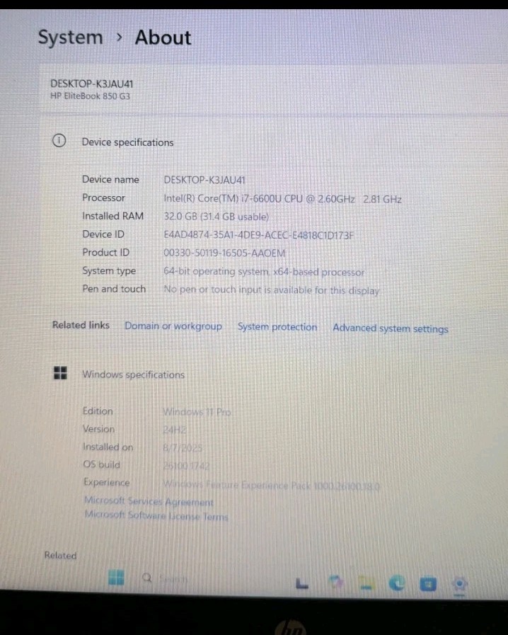 HP 15 / I7-6600U / 2.60Ghz/32GB RAM / 256GB M.2 SSD W11 Pro Elitebook 850 G3