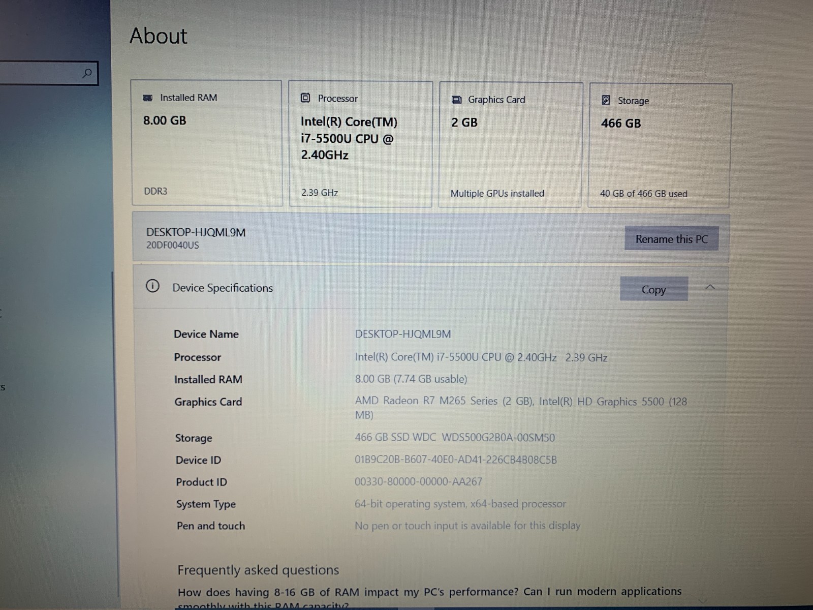 Lenovo ThinkPad E550 Laptop Intel Core i7-5500U 2.4GHz, 8GB RAM, 500GB SSD, W10P