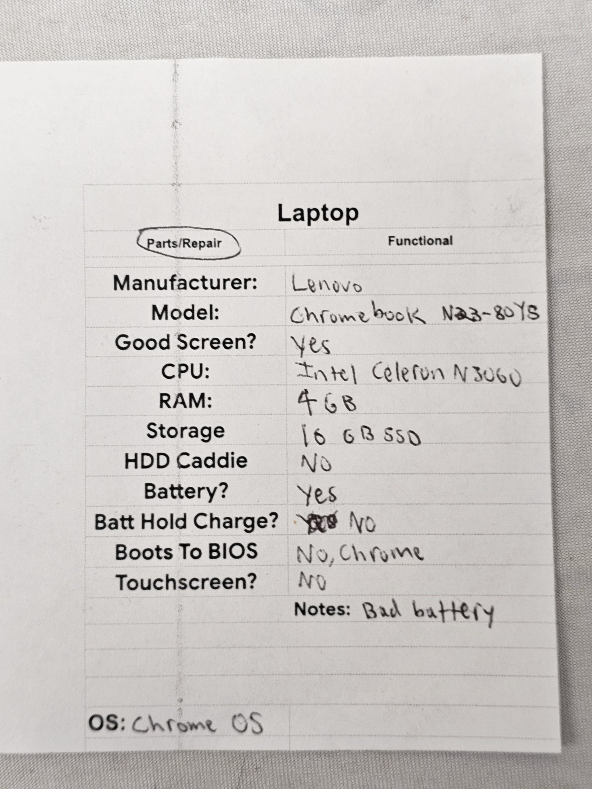 Lenovo Chromebook N23-80YS – Intel Celeron N3060 – 4GB RAM – BAD BATTERY – READ
