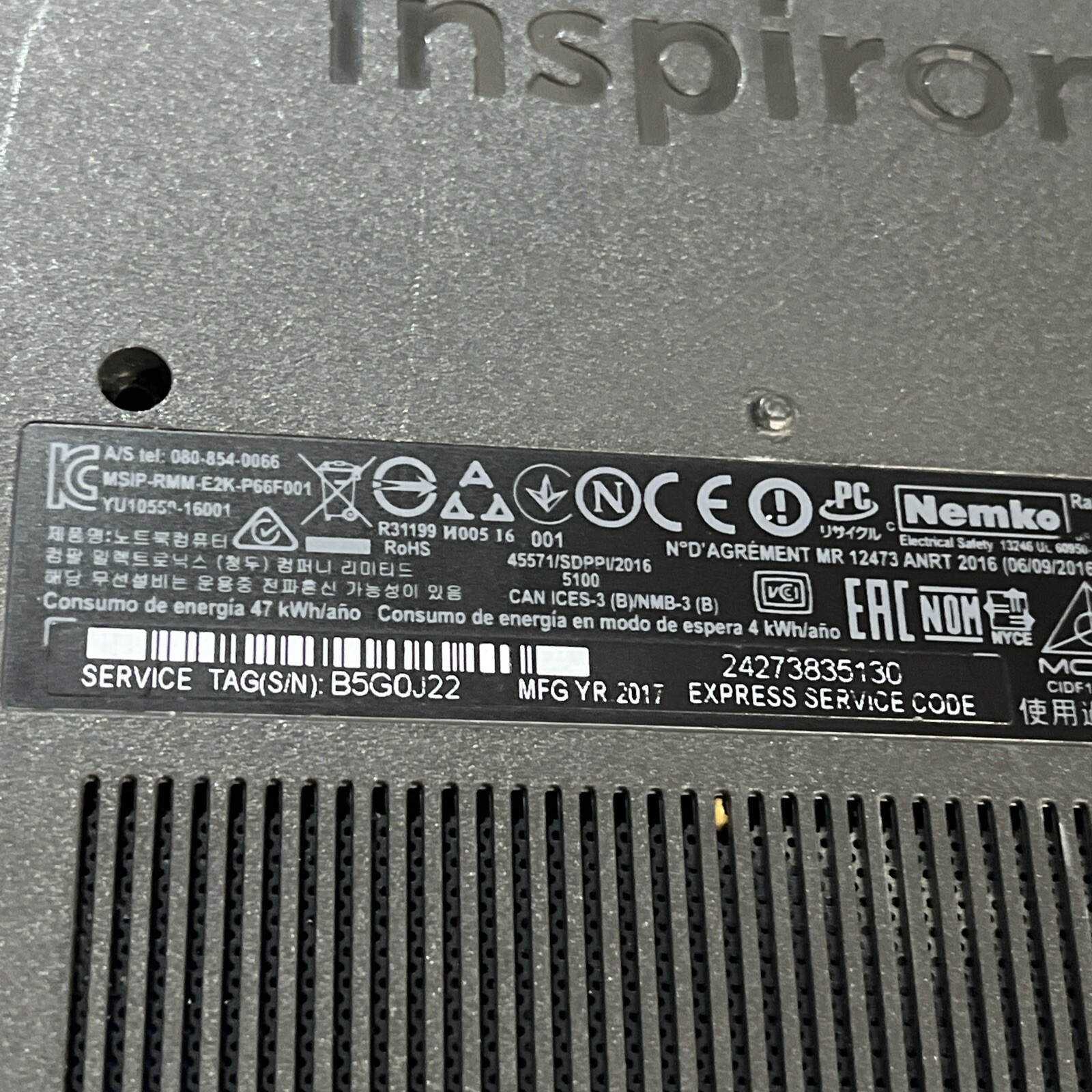 DELL INSPIRON 5567 INTEL CORE I5-7200U 2.50GHZ 8GB RAM NO HD