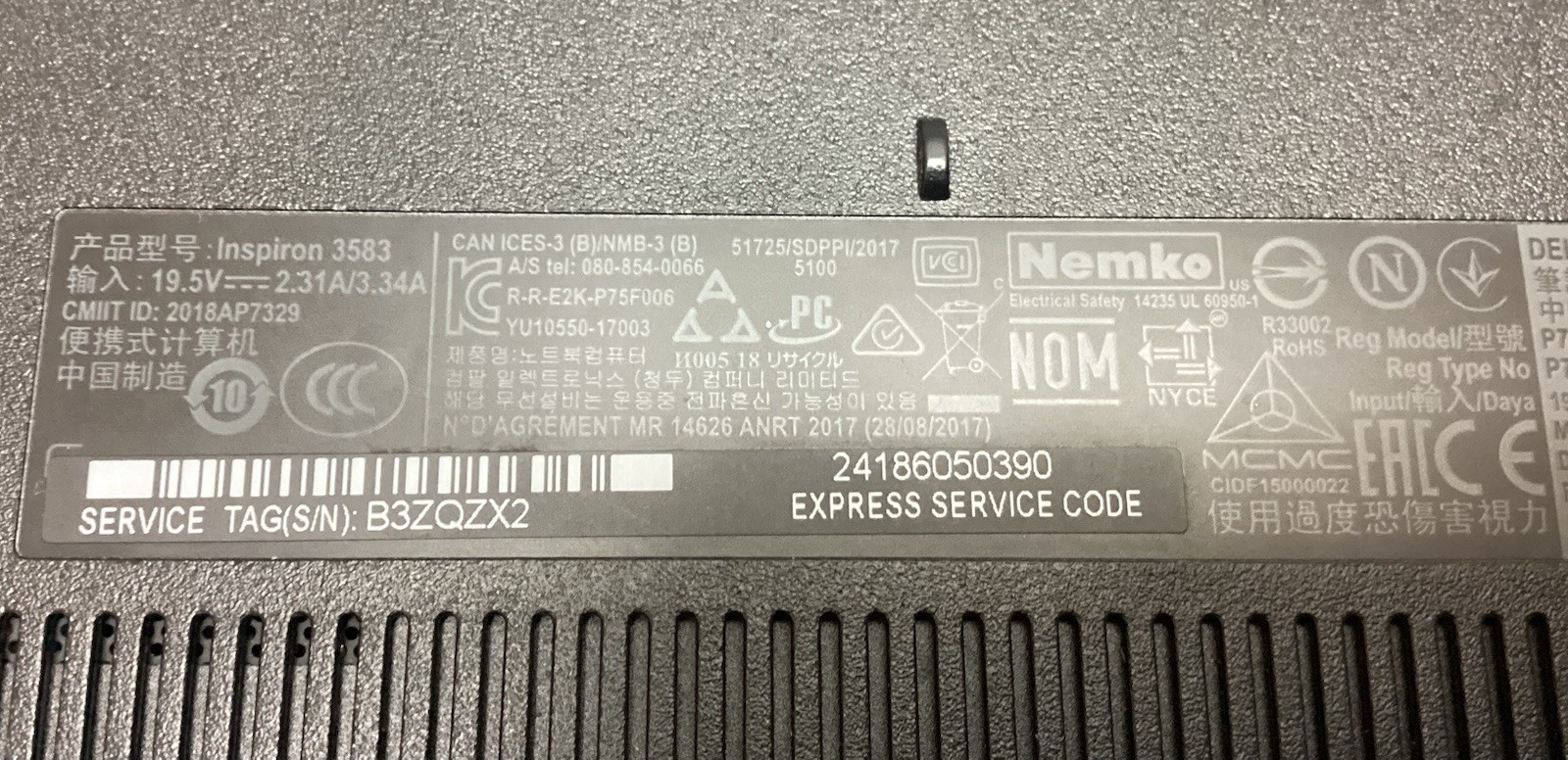 DELL INSPIRON 3583 | INTEL CORE I3-8145W 2.30GHZ | 128GB | 8GB | NO BATTERY