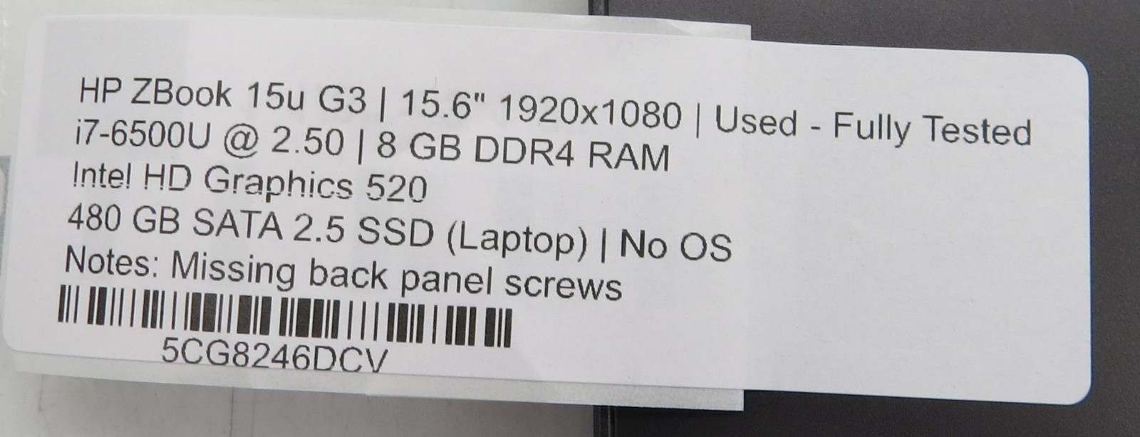 HP ZBook 15u G3 | 15.6″ | i7-6500U @2.50GHz | 8GB RAM | 480GB SSD | No OS
