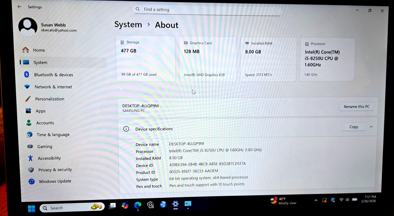 SAMSUNG 13.3″ LAPTOP COMPUTER, WINDOWS 11, INTEL I5, 8G, 256G SSD