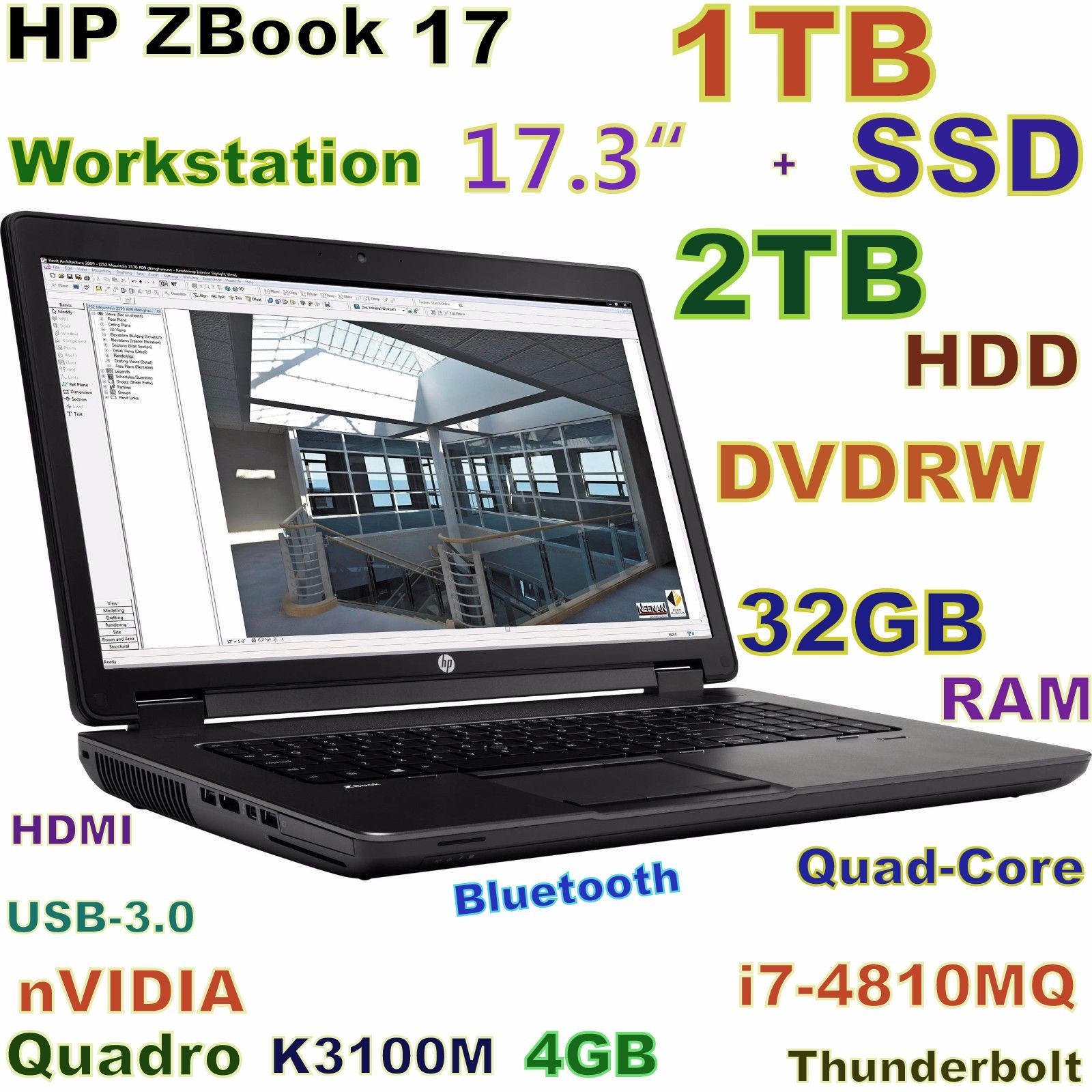 Workstation HP ZBook 17″ i7-Quad (1TB SSD + 2TB 32GB DVD-RW NVIDIA K3100M 4GB