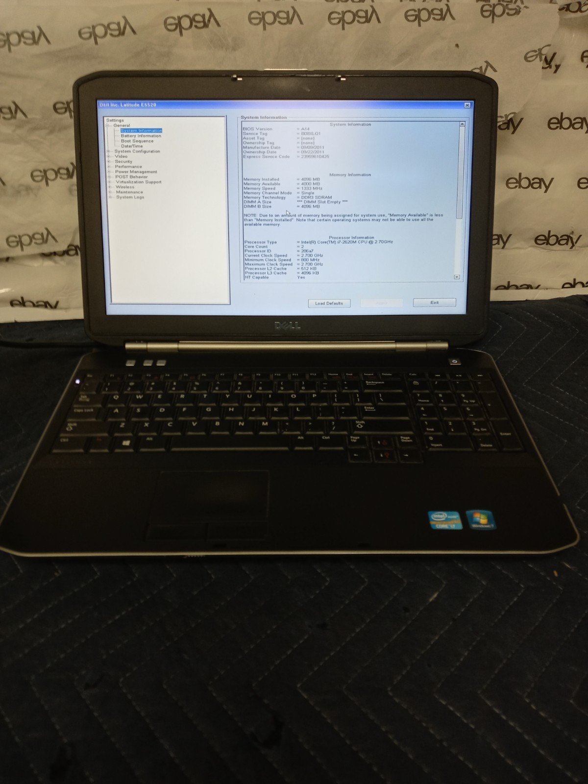 Dell Latitude E5520 i7-2620M CPU@2.7GHz 4GB RAM 0 GB HDD NoOS NO AC-ADAPTER