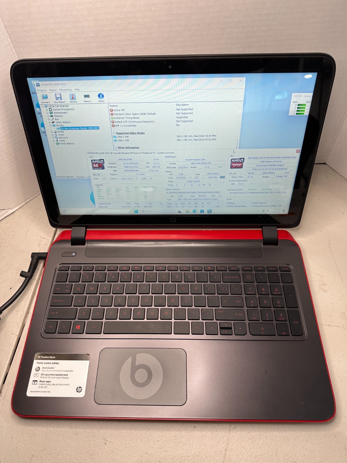 HP Beats laptop 15-p030nr A8-5545M 8GB RAM 1TB HDD Win 11 NO BATTERY/AC #04