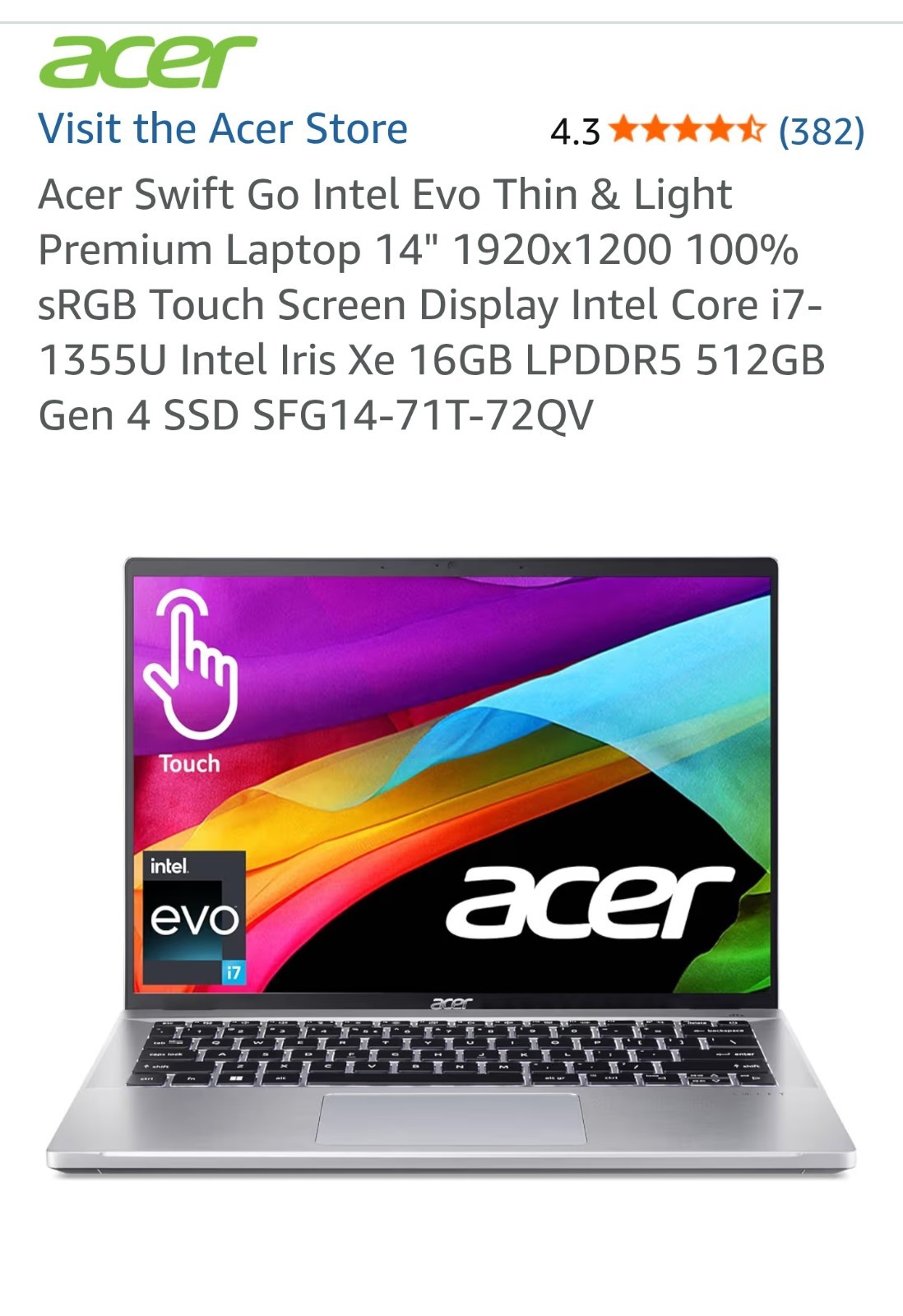Acer Swift Go Intel Core i7 – Evo Thin & Light – (SFG14-71T-72QV) 65w charger!