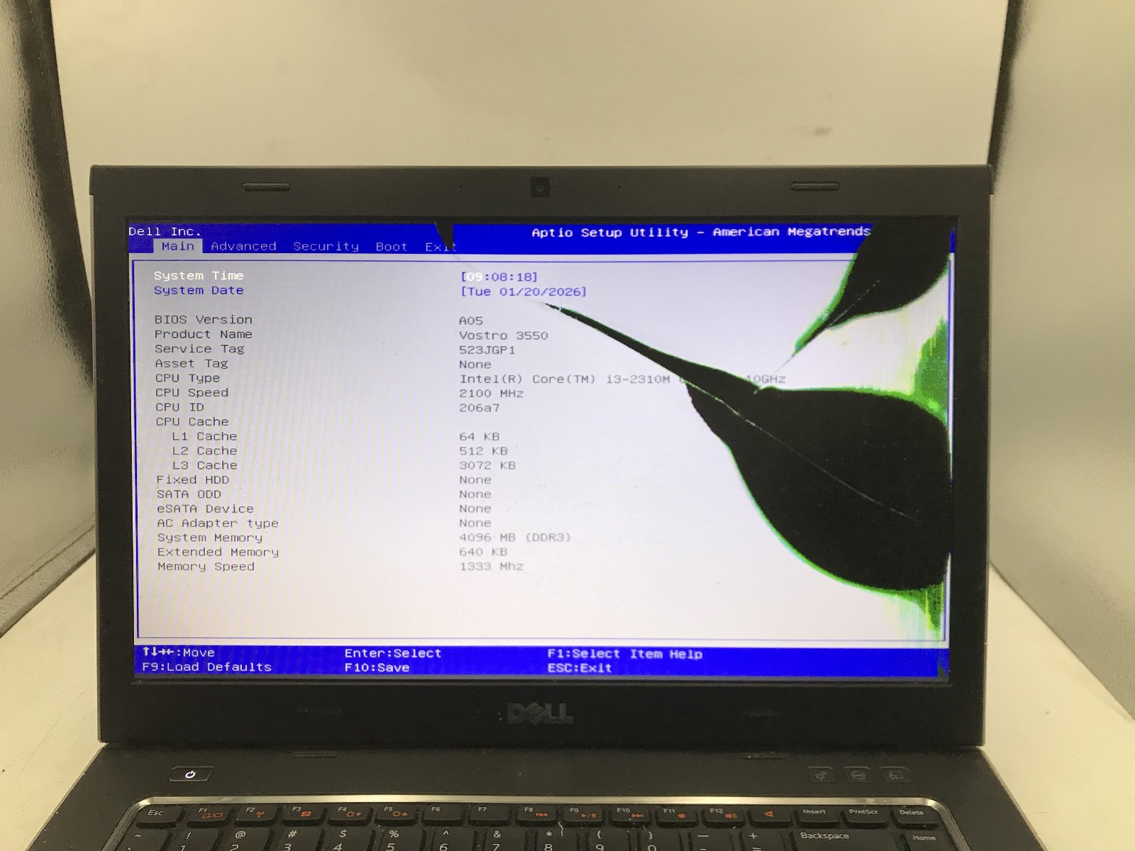 DELL VOSTRO 3550 – BOOTS TO BIOS/BAD LCD – INTEL I3 2310M -NO RAM -15″- READ -BB