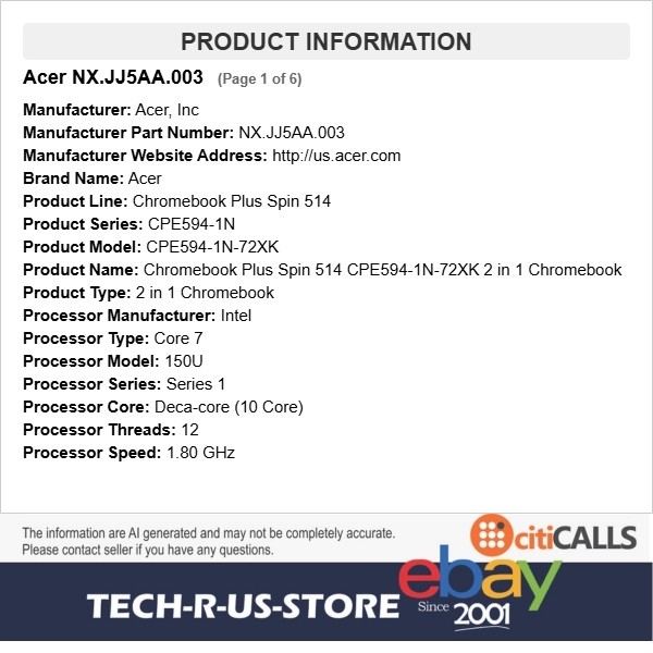Acer NX.JJ5AA.003 Chromebook Plus Spin 514 14″ Touch Core 7 150U 16GB 256GB SSD