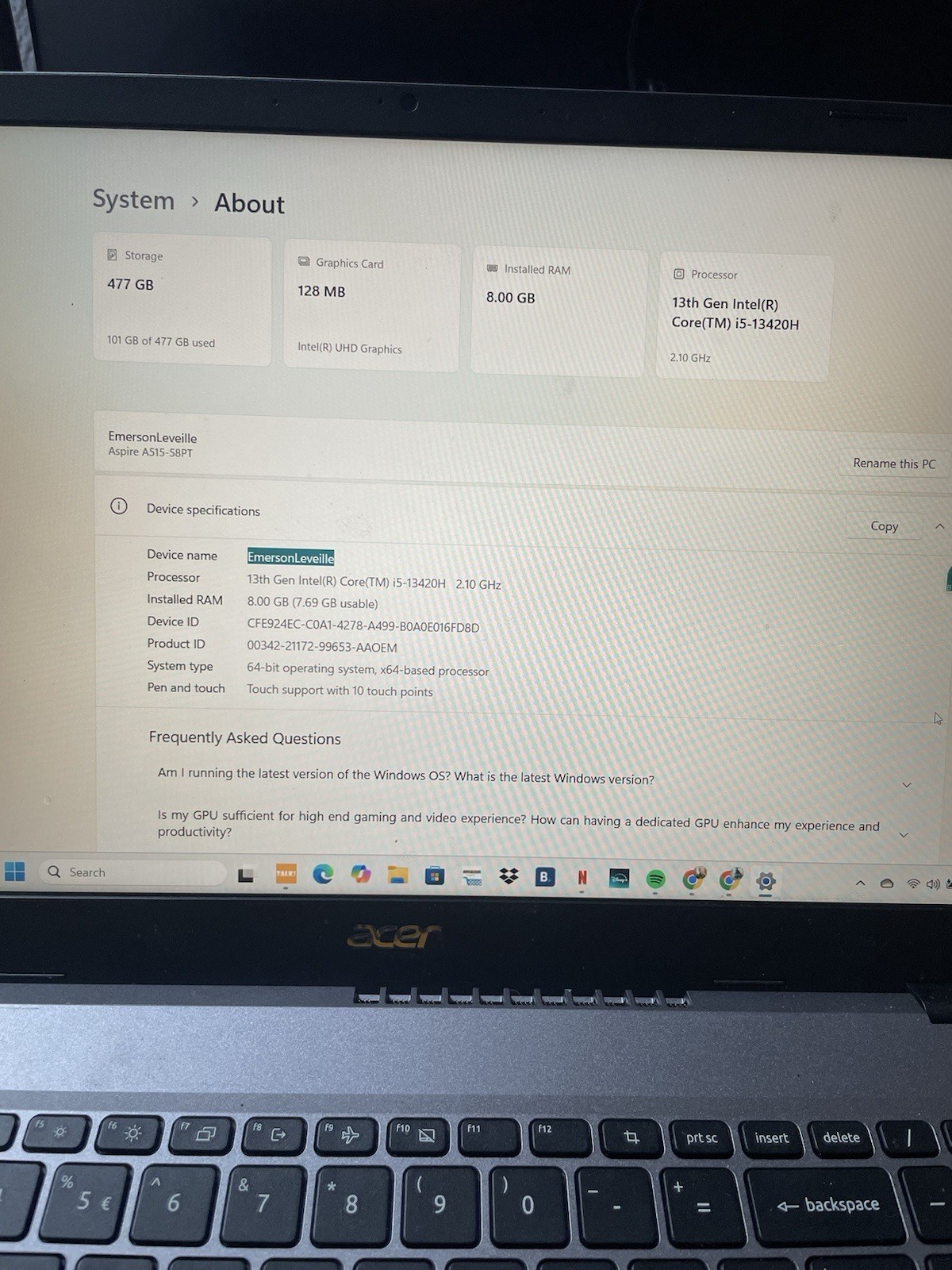 Acer with touchscreen very good condition ideal for studies.charger included