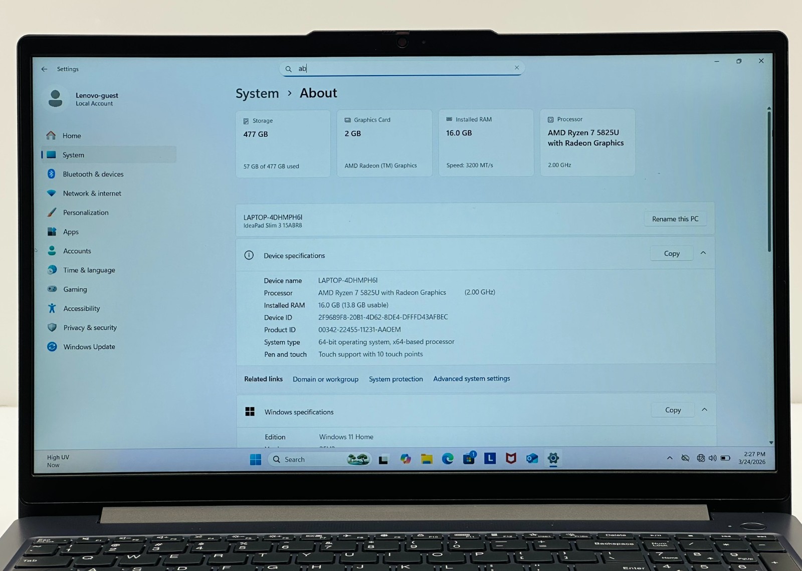 Lenovo IdeaPad Slim 3 15ABR8 Ryzen 7 16GB 512GB SSD Touch Wi-Fi 6 Arctic Grey #9