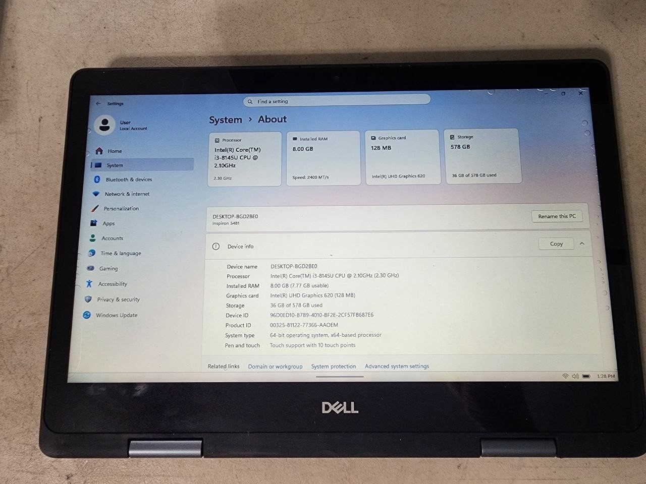 Dell Inspiron 5481 Laptop i3 8145U 2.1GHz 8GB 500GB HDD Win11 Touch Screen DMG