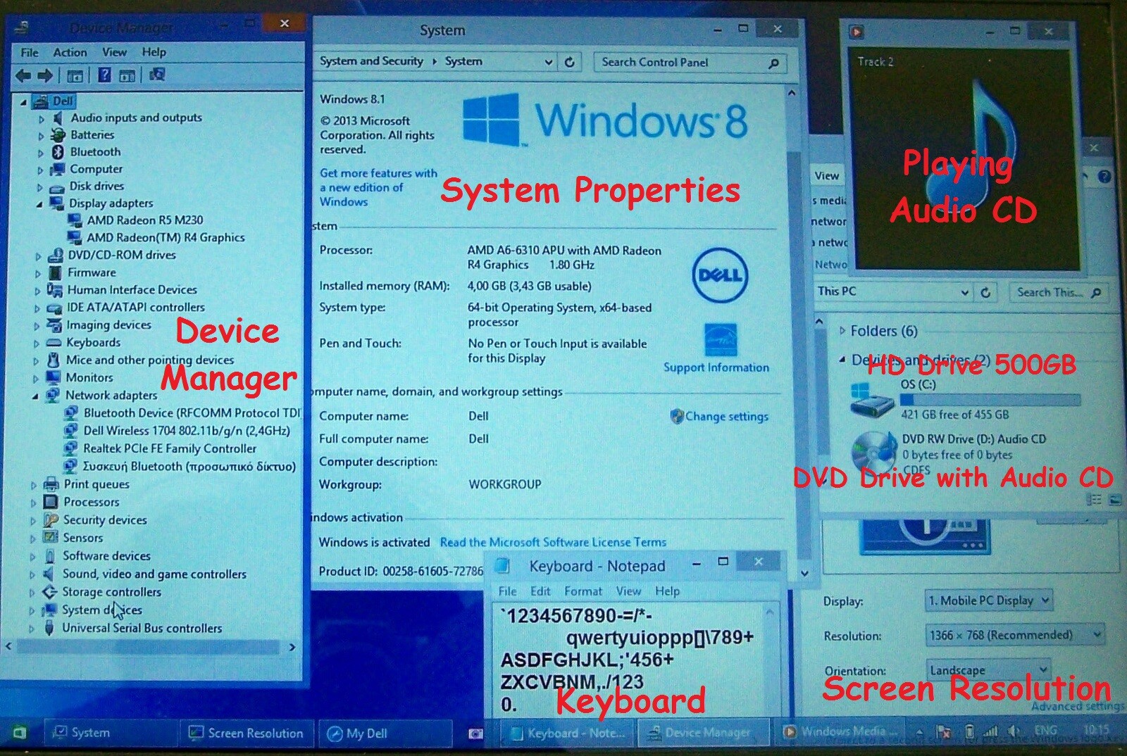 Dell Inspiron 15 AMD A6 1.80GHz 15.6” 4GB Ram 500GB HD ATI Radeon R5-R4 HDMI