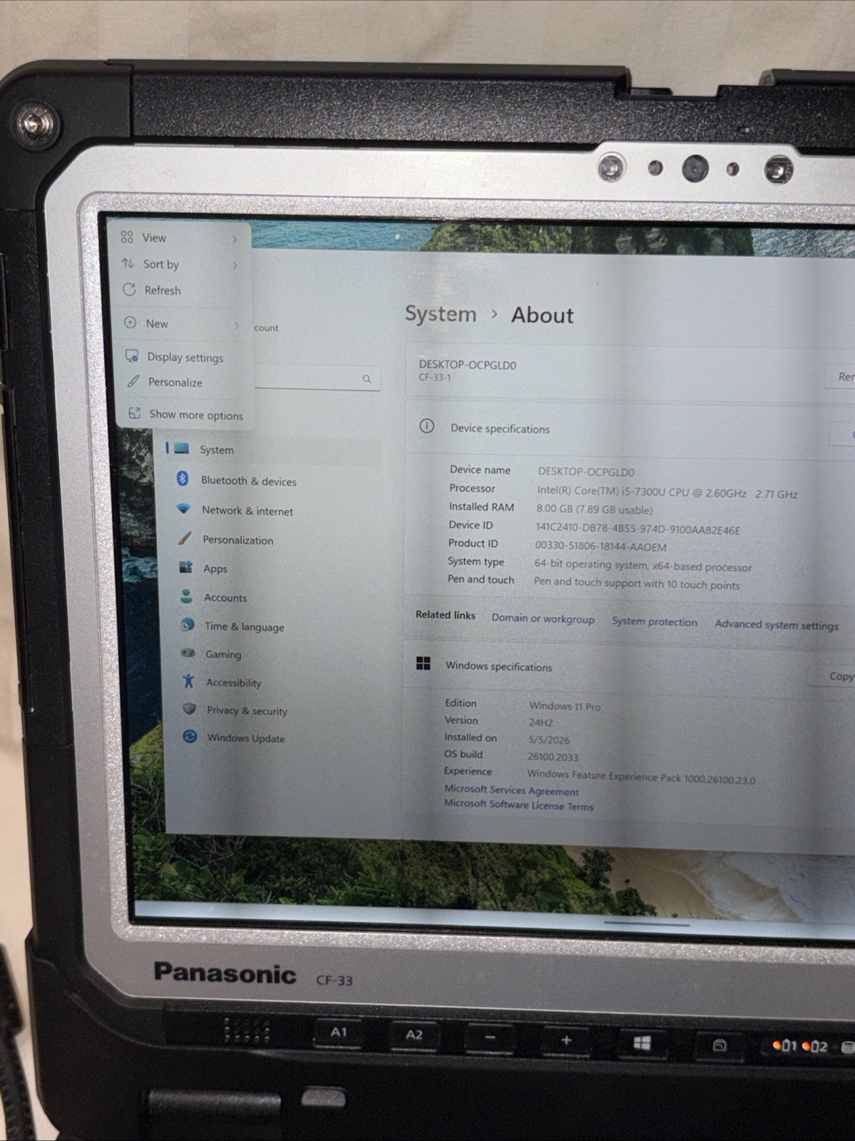 Panasonic Toughbook CF-33 Core i5 7300U 2.6GHz 8GB 256gb NVME SSD W11 Pro