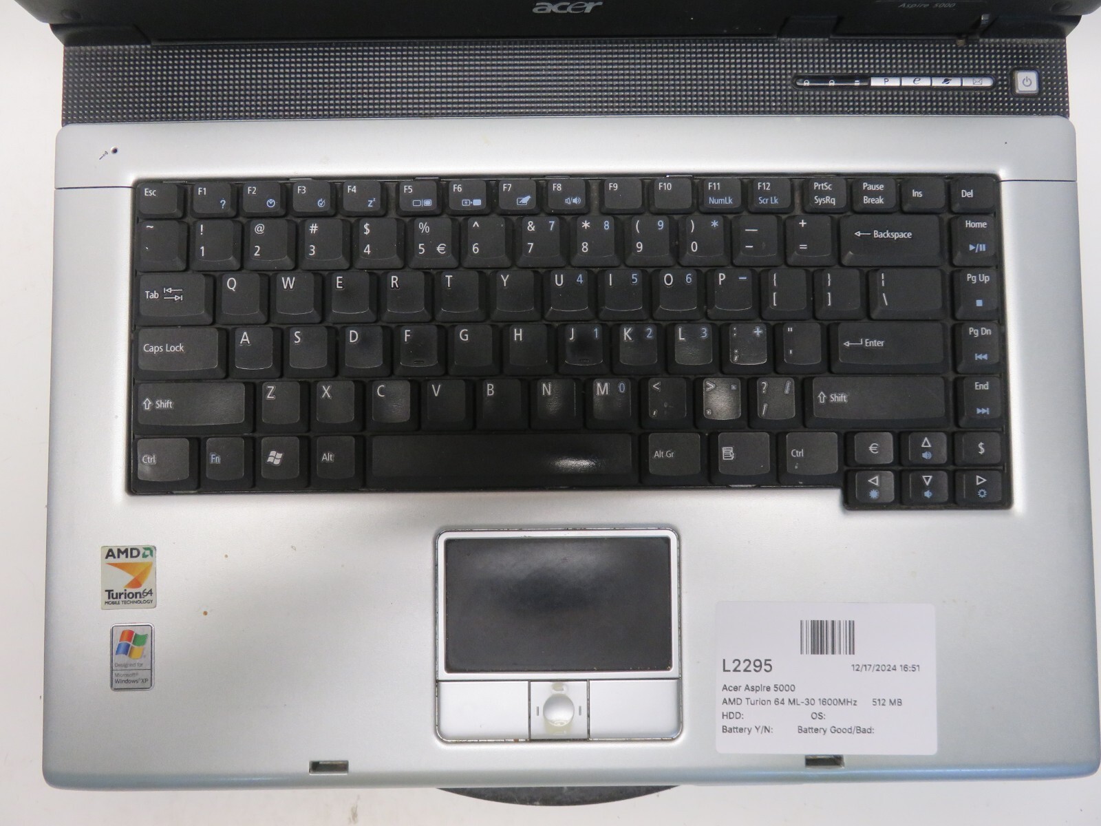 Acer Aspire 5000 AMD Turion 64 ML-30 1600MHz 512 MB NO HDD No Batt