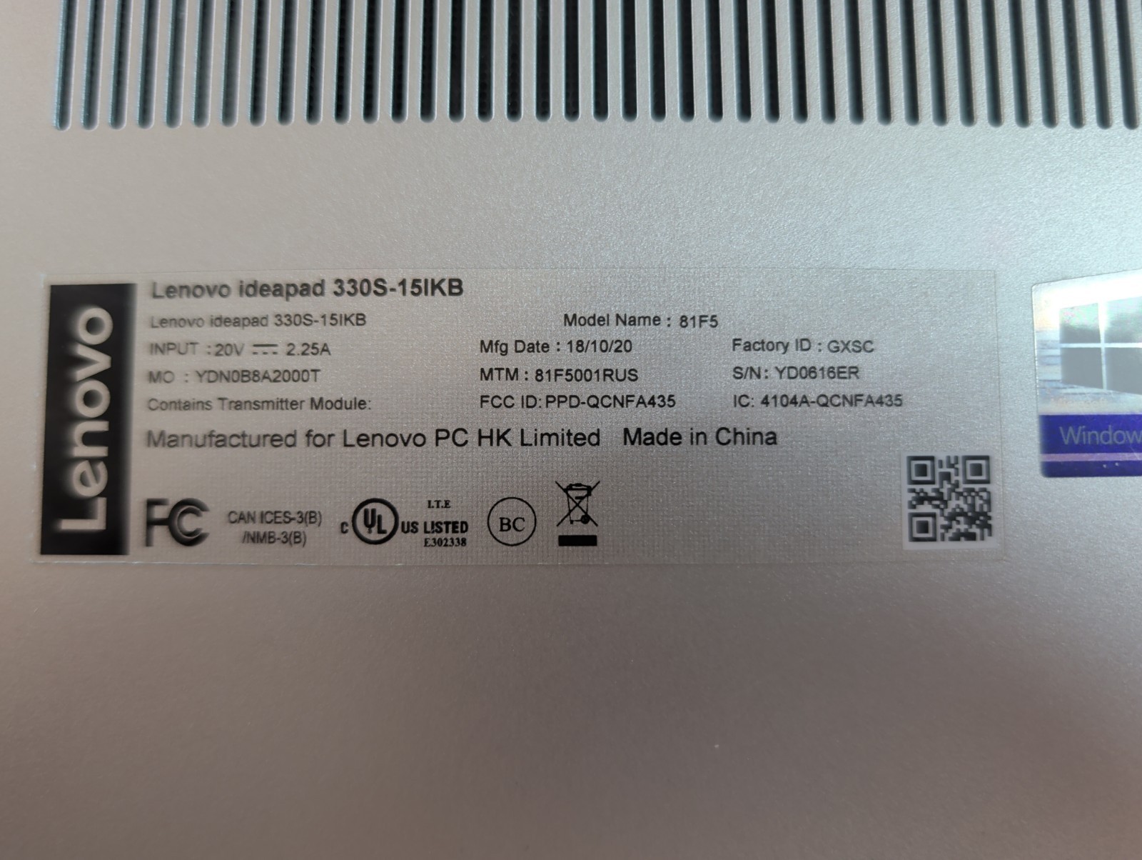 Lenovo IdeaPad 330s 15-IKB i3-8130U, 6GB, 1 TB HDD, Win 11 Home, W/ Charger