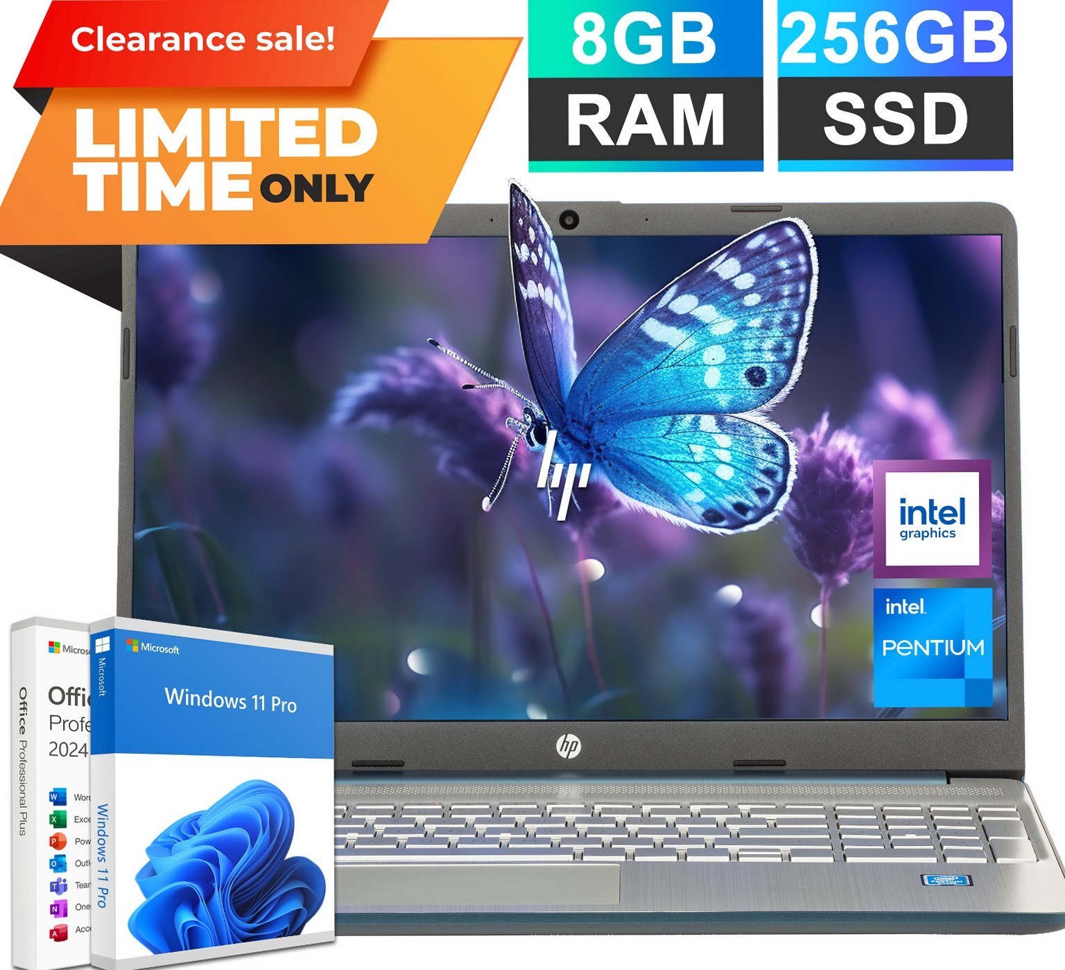HP 15.6in Laptop Intel Pentium N5030 8GB RAM 256GB SSD Windows 11 Pro Spruce Blu