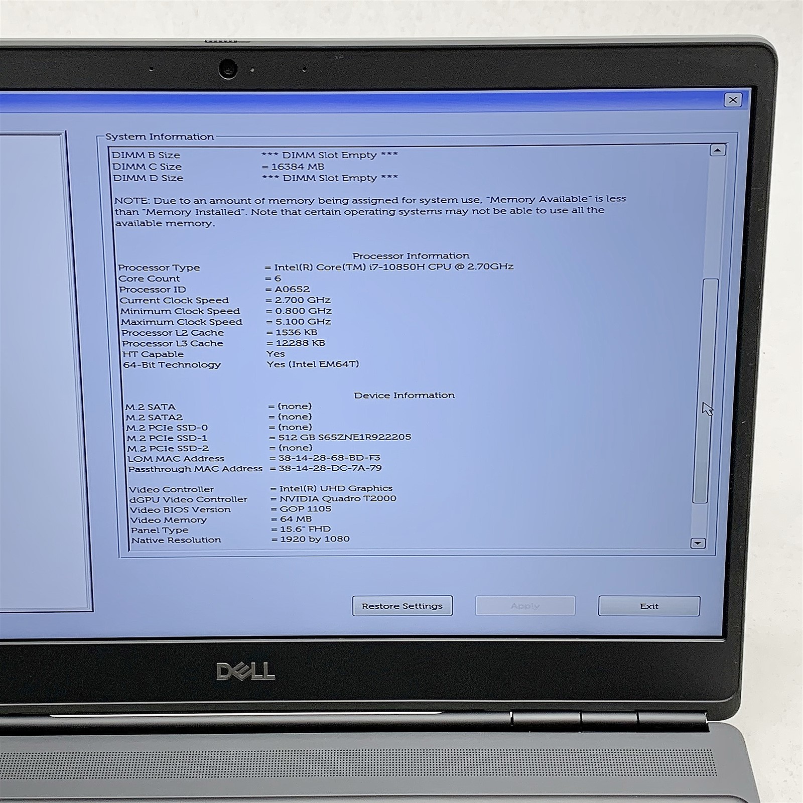 Dell Precision 7550 Laptop i7 10850H 2.70GHZ 15.6″ FHD 32GB 512GB T2000 Win 11