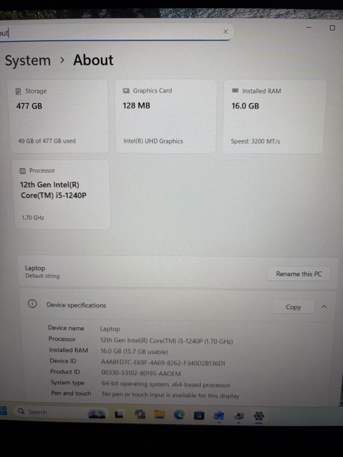 Laptop Intel 12th Gen i5 CPU, 16GB RAM, 500GB SSD, Windows 11