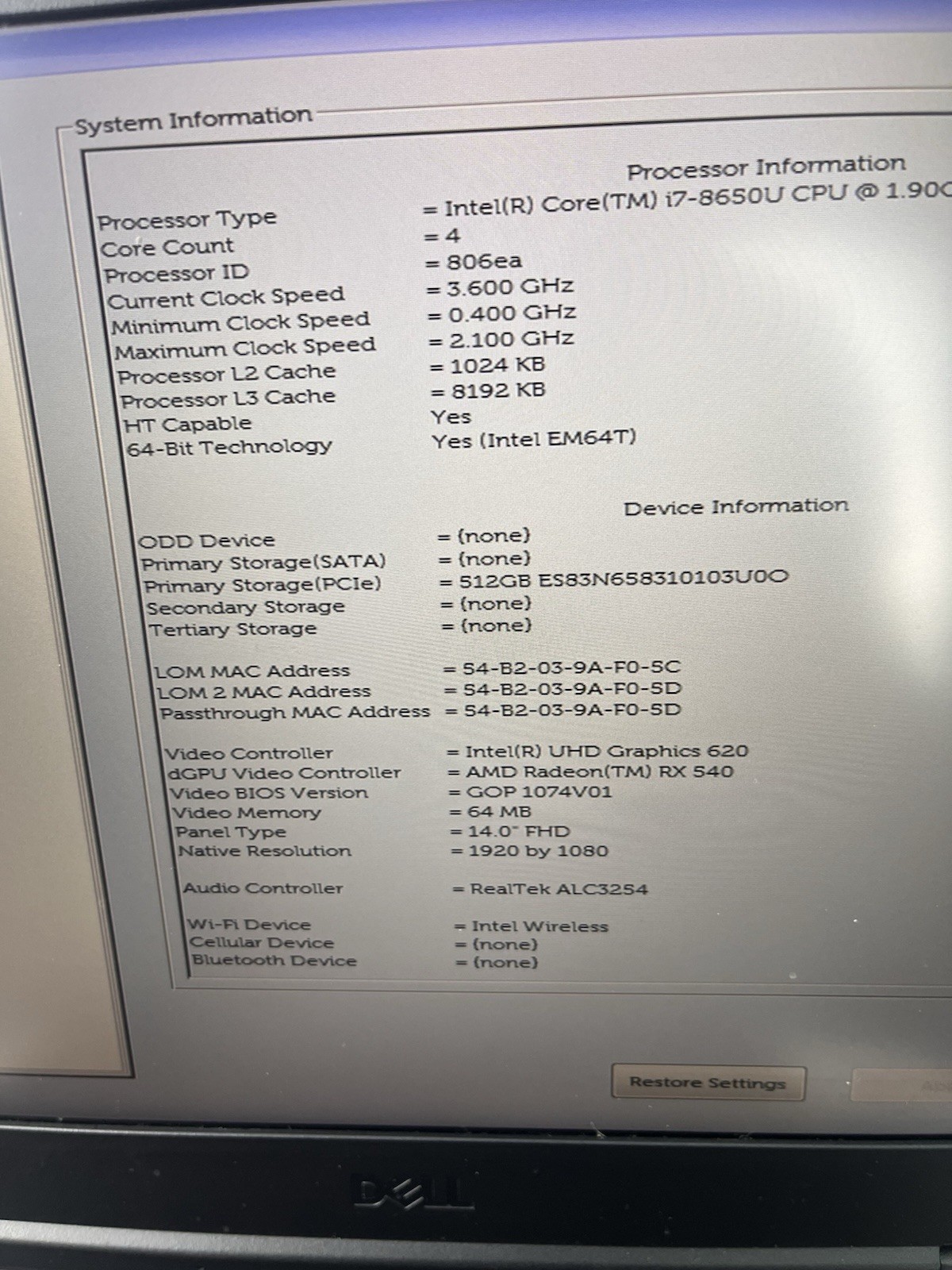 Dell Latitude 5420 Rugged Core i7 8650U, 16GB, AMD Radeon RX540, 512GBSSD, 2019