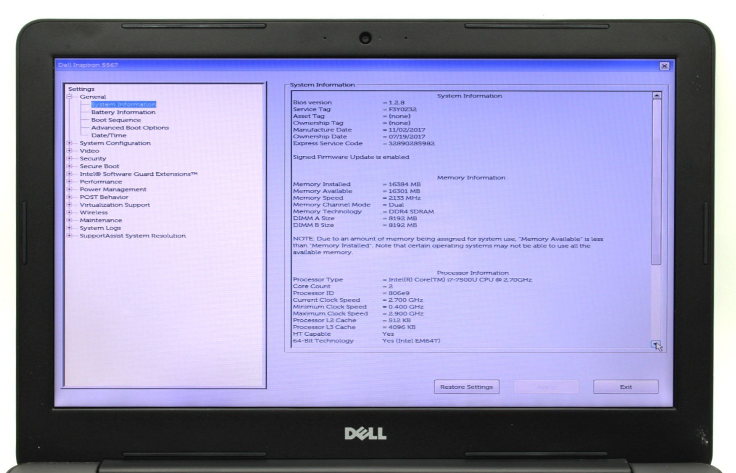 Dell Inspiron 15 5567 i7-7500U @2.7GHz 16GB DDR3 250GB SATA NO OS *USED/TESTED*