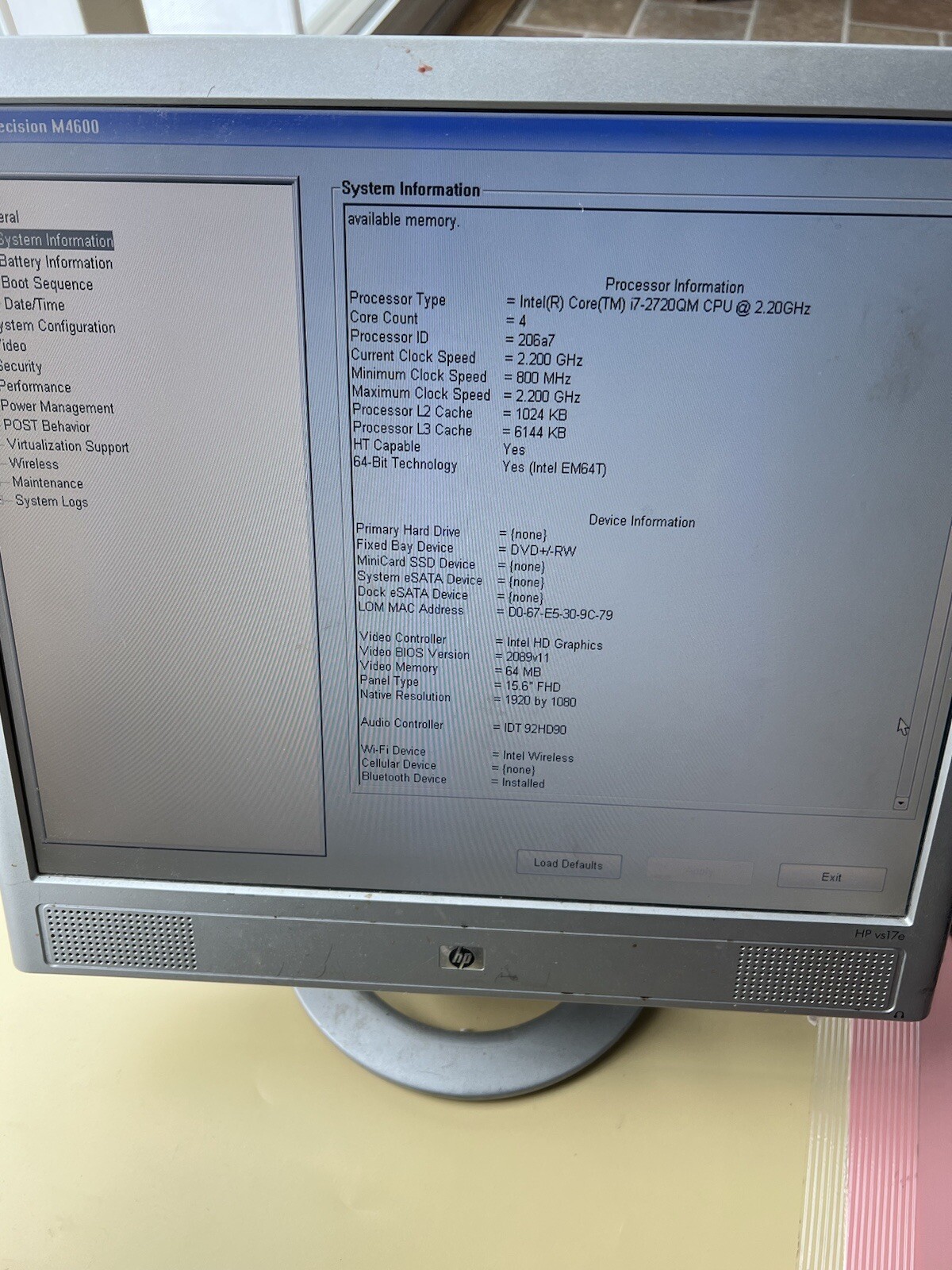 Dell Precision M4600 Core i7-2720QM 4GB RAM 0GB HDD WEBCAM BLUETOOTH 1920×1080
