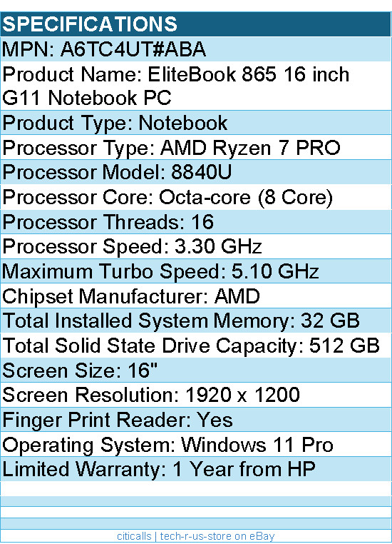 HP A6TC4UT#ABA EliteBook 865 G11 16″ Notebook – WUXGA – AMD Ryzen 7 PRO 8840U