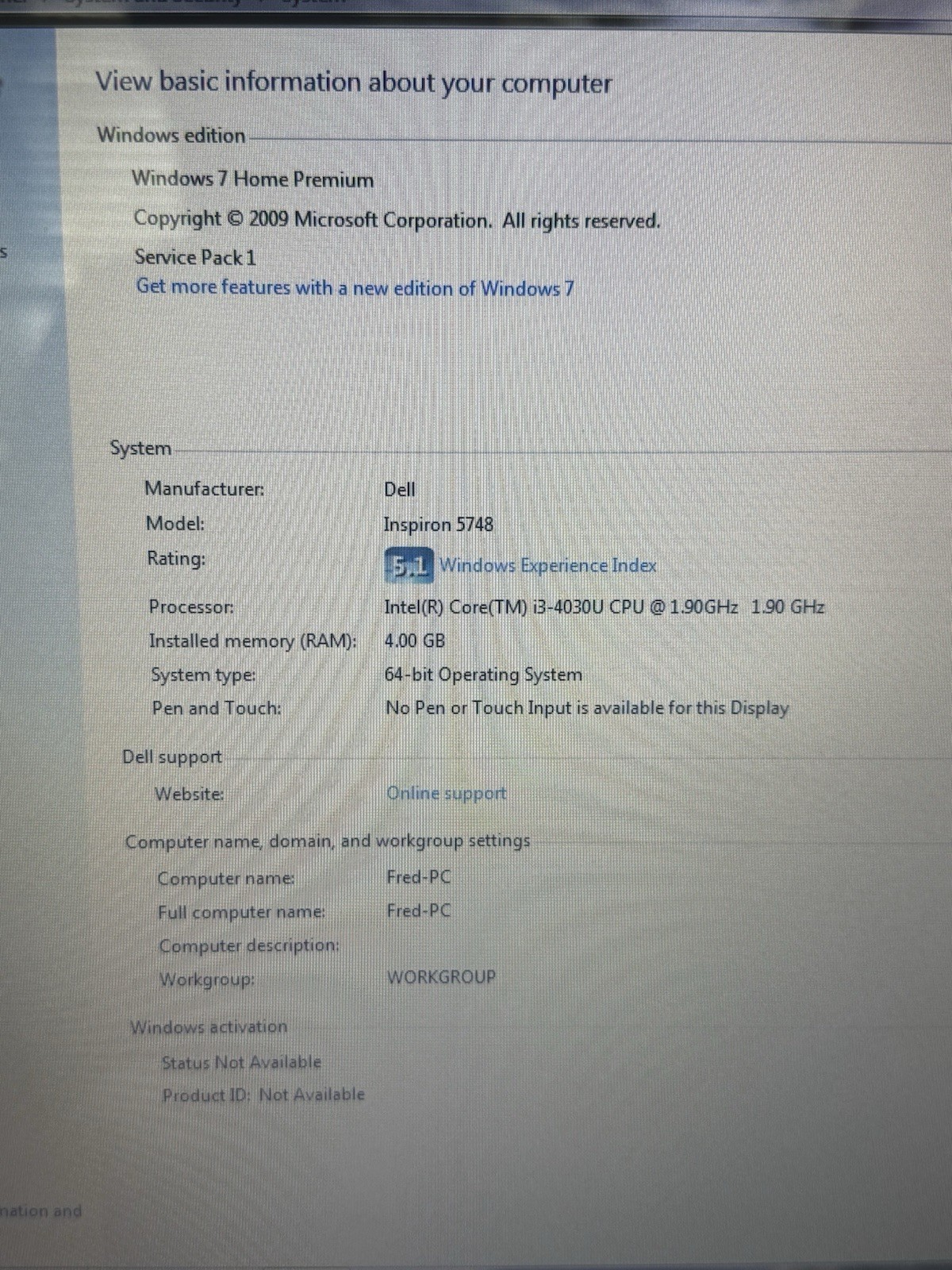 Dell Inspiron 5748 Core i3-4030U 1.90GHz 4GB , 500GB HDD Windows 7