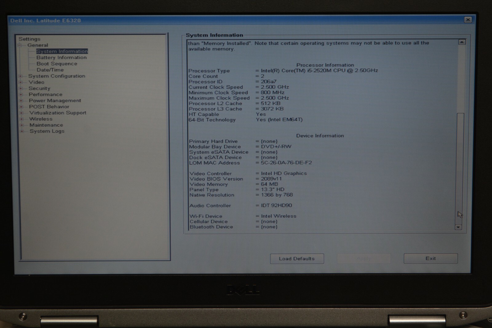 Dell Latitude E6320 i5-2520M 2.50GHz 4GB RAM No HDD #L217