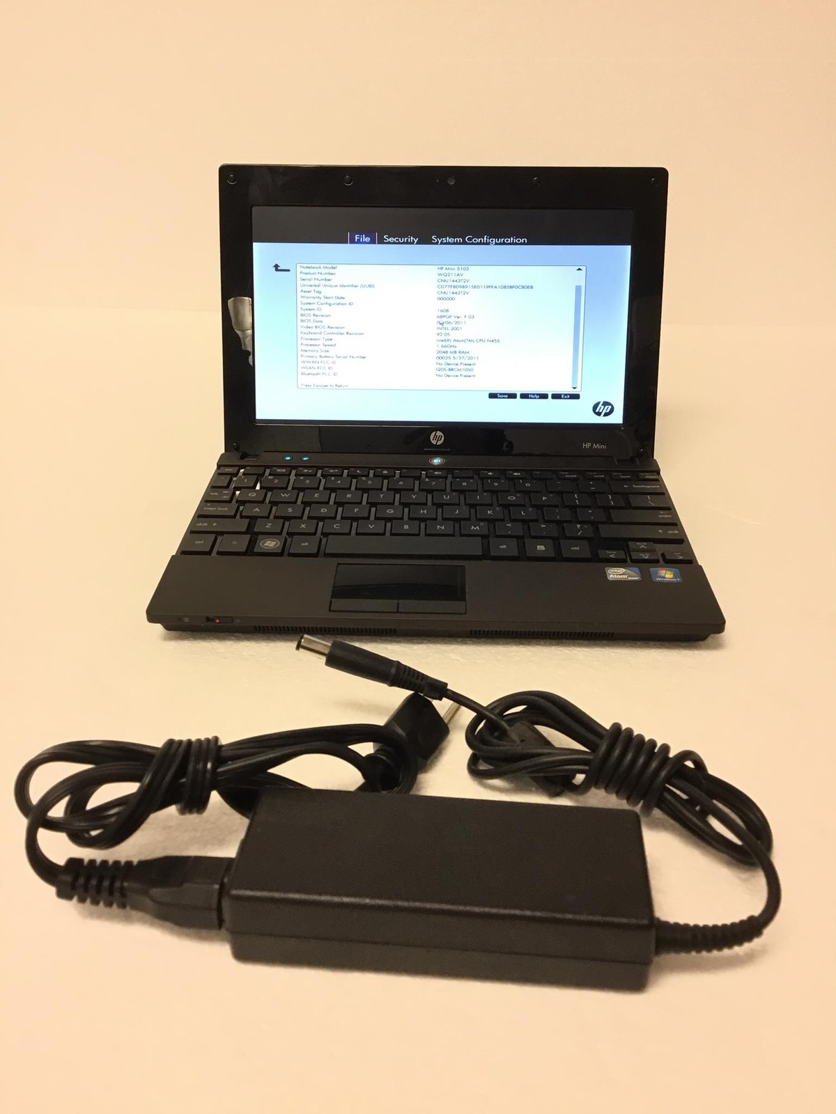 HP Mini 5103 Intel Atom N455 1.66GHz 10″ Netbook w/160 HD, 2Gb Ram & Ac Adapter