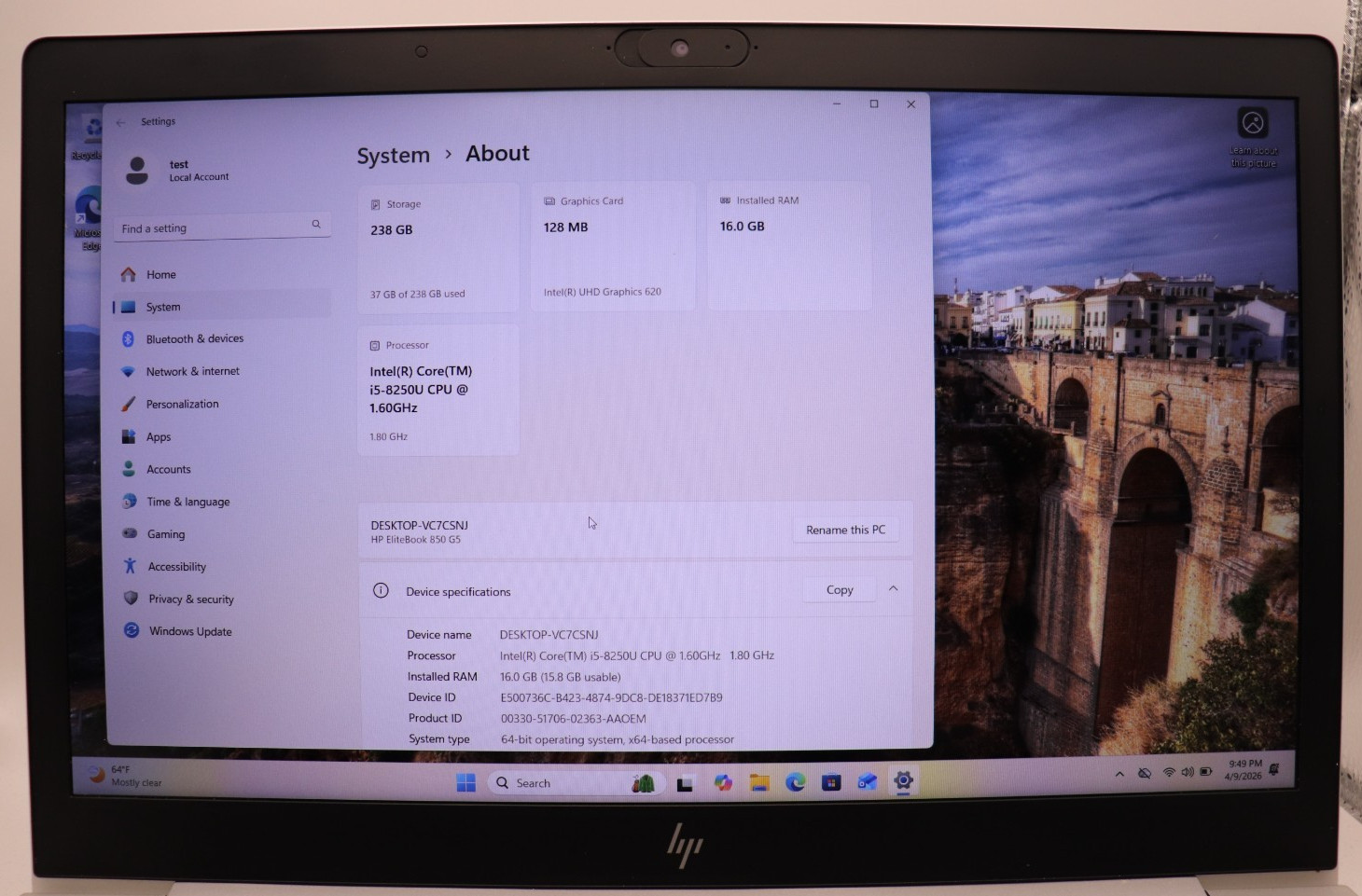 HP EliteBook 850 G5 15.6″ (256GB SSD, Intel Core i5-8250U, 1.60GHz,