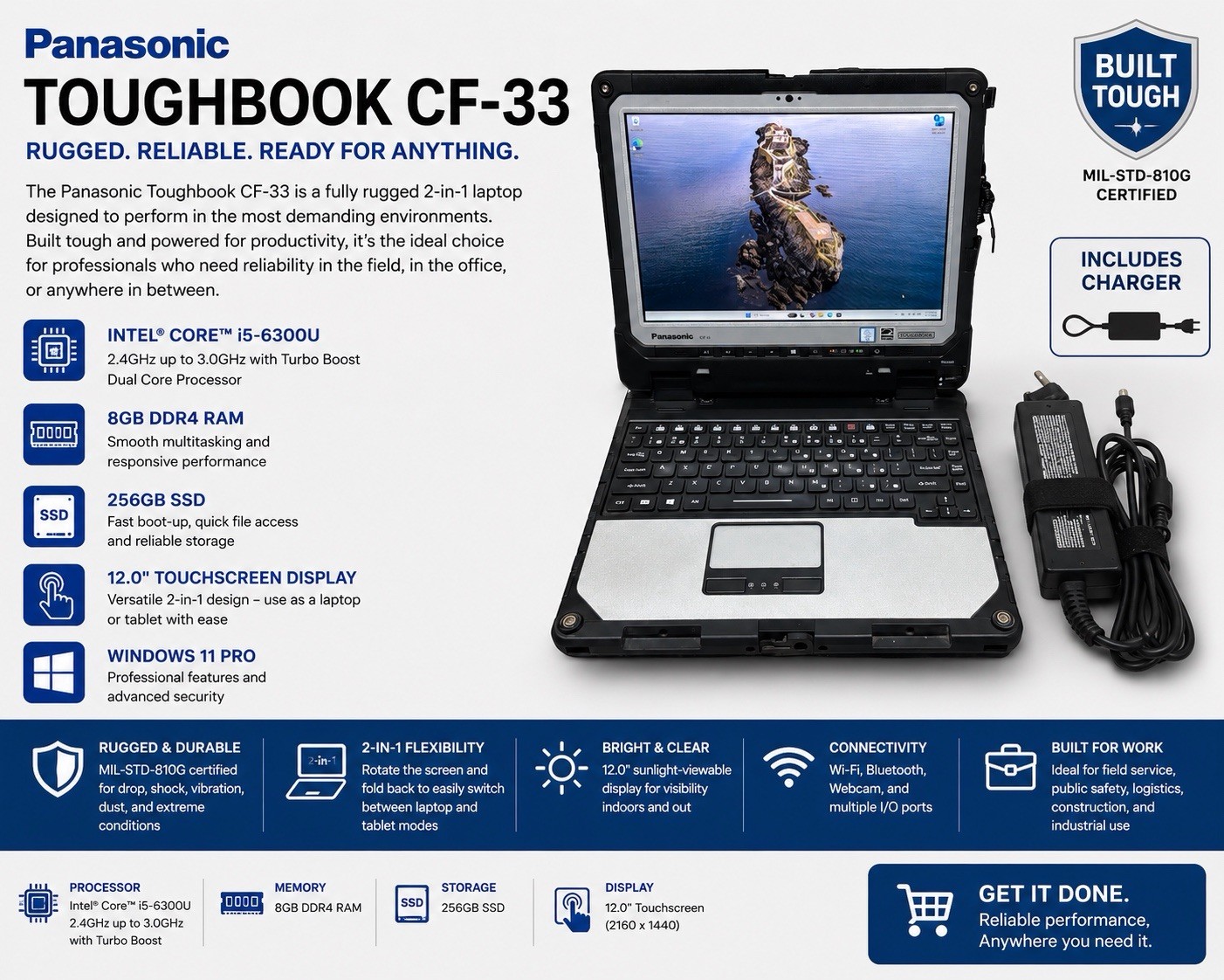Toughbook Panasonic CF-33 I5-6300U 8GB RAM 256GB SSD Win11P W/CHARGER