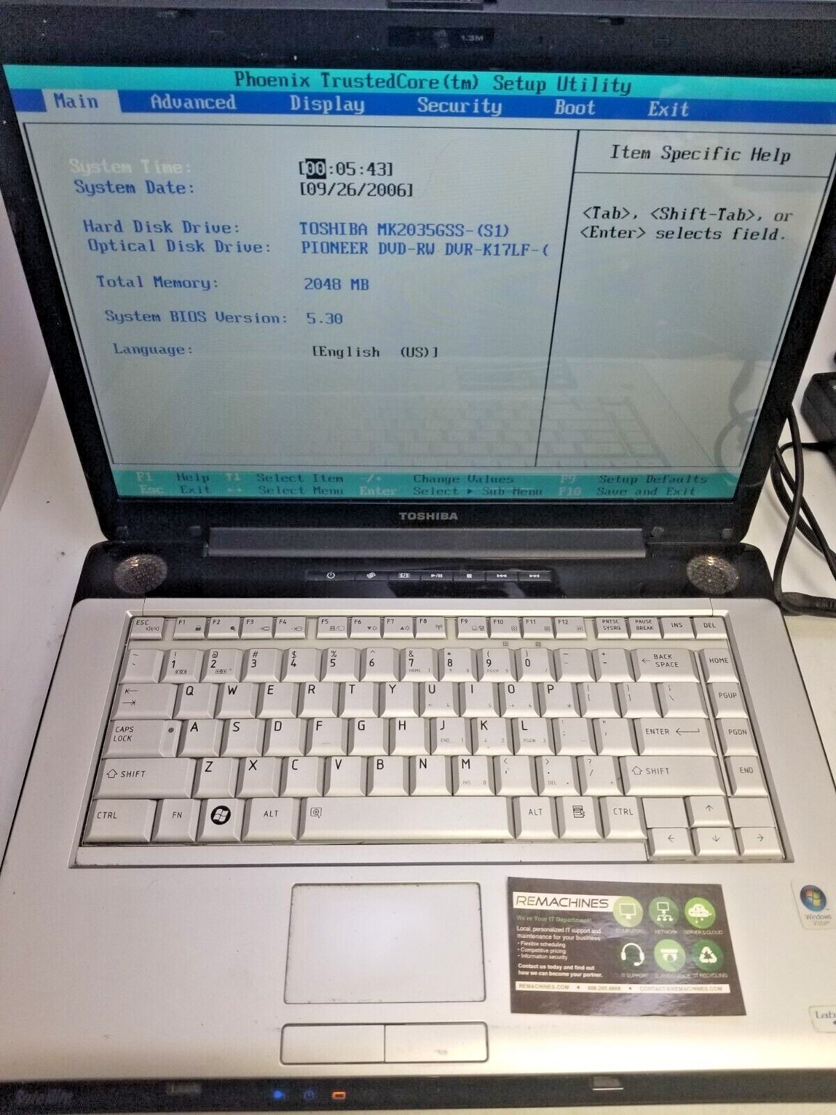 Toshiba A205-S4629 Intel Core 2 Duo CPU 1.66GHz 2GB RAM 200GB HD – TESTED!