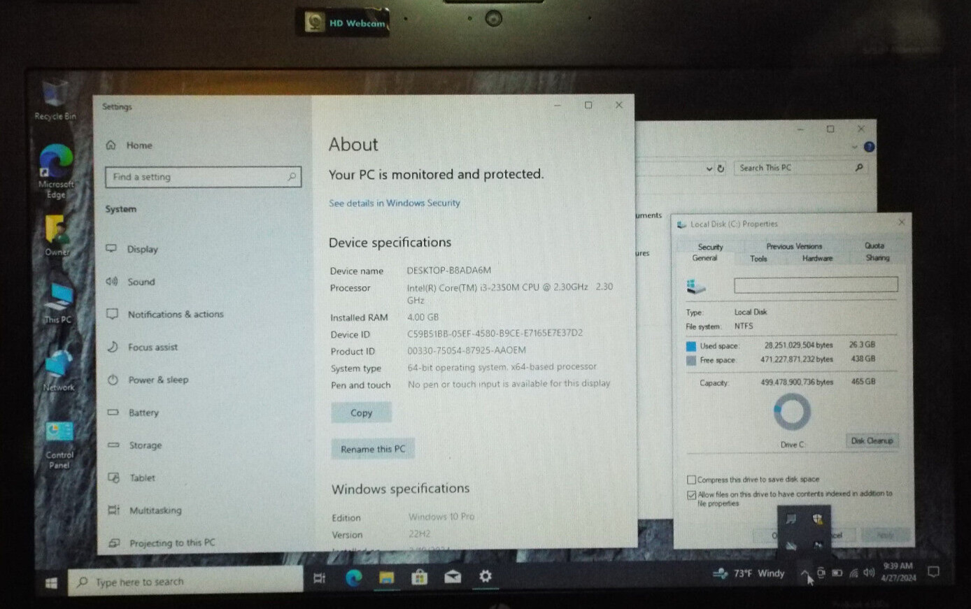 HP ProBook 4530S Intel Core i3-2350M 2.3GHz 4GB RAM 500GB HDD Win10pro