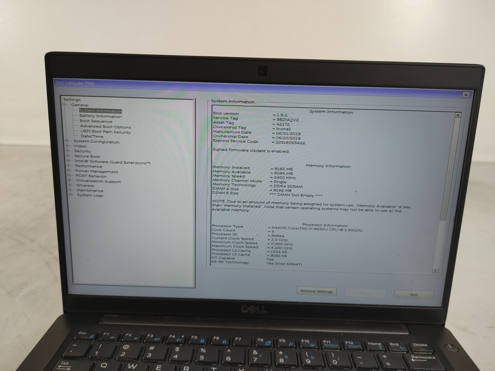 Dell Latitude 7390 Core i7-8650U 1.90 GHz 8 GB DDR4 No HDD