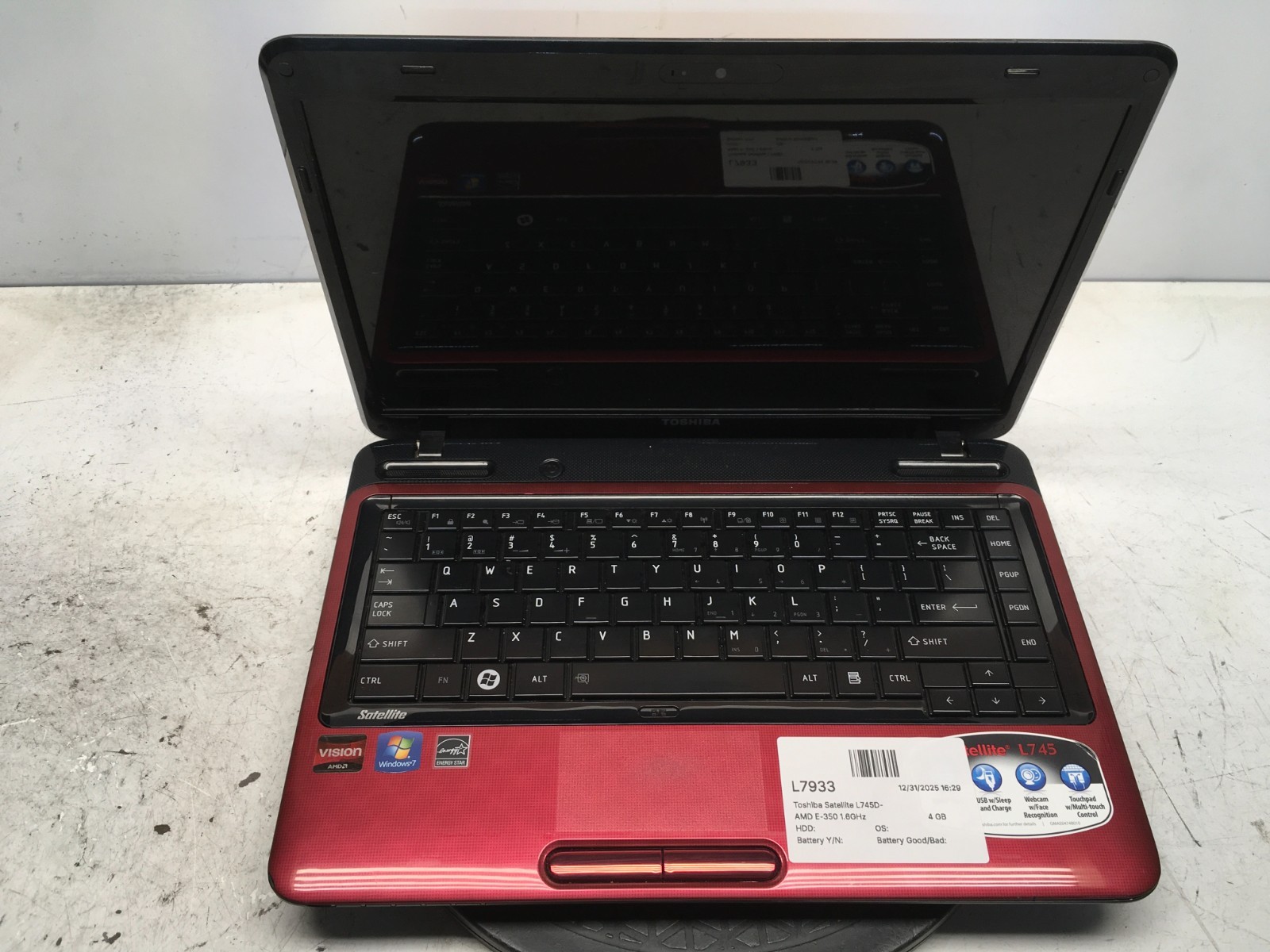 Toshiba Satellite L745D-S4220RD AMD E-350 1.6GHz 4 GB NO HDD