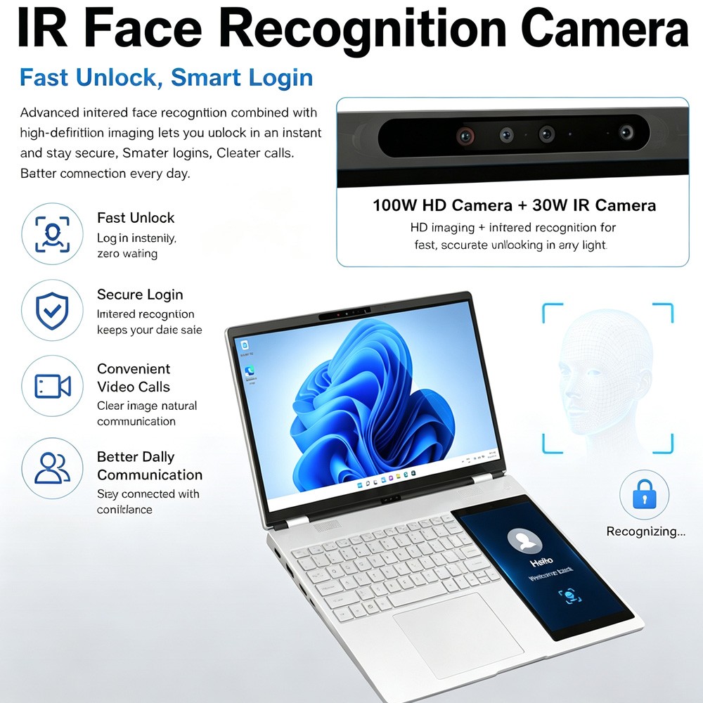 Dual Screen Laptop15.6+7″Touch Intel N150 16GB DDR4 RGB Keyboard Face ID Windows