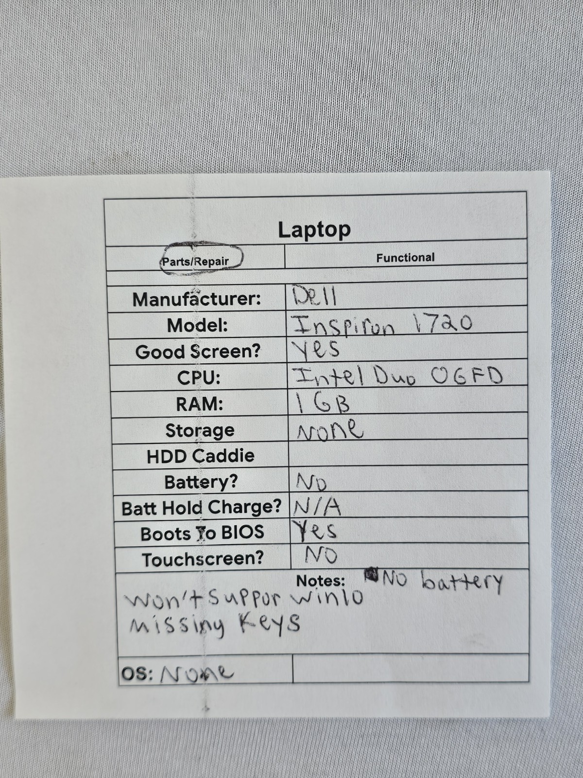 Dell Inspiron 1720 Laptop – VERY DIRTY CASE – 1GB RAM – NO BATT – Parts – READ