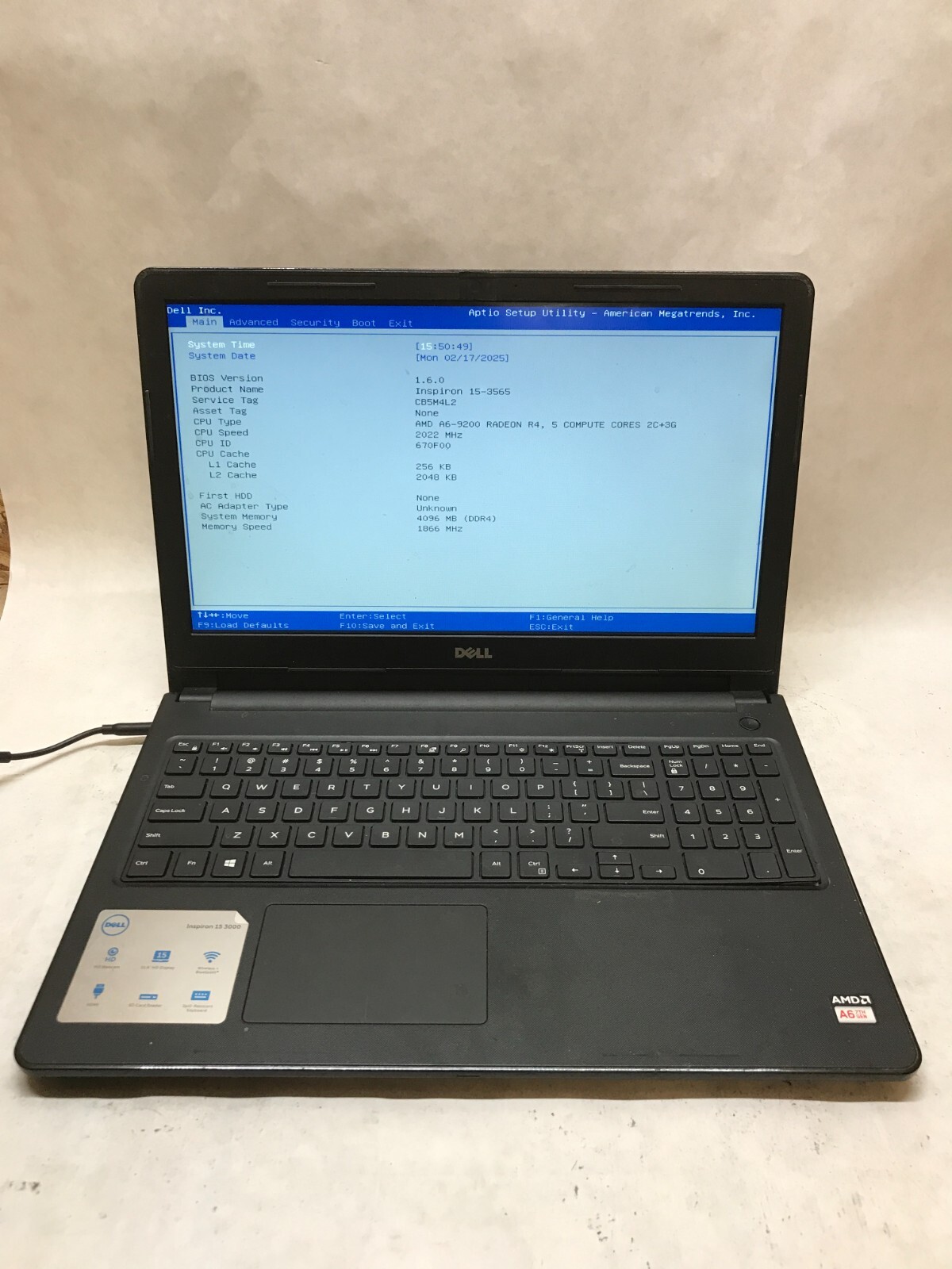 Dell Inspiron 15-3565 15″ Laptop AMD A6-9200 2.022GHz 4GB RAM NO HDD/OS AS IS DW